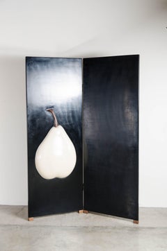 2-Panel Black Lacquer Screen with Cream Pear by Robert Kuo, Handmade, Limited