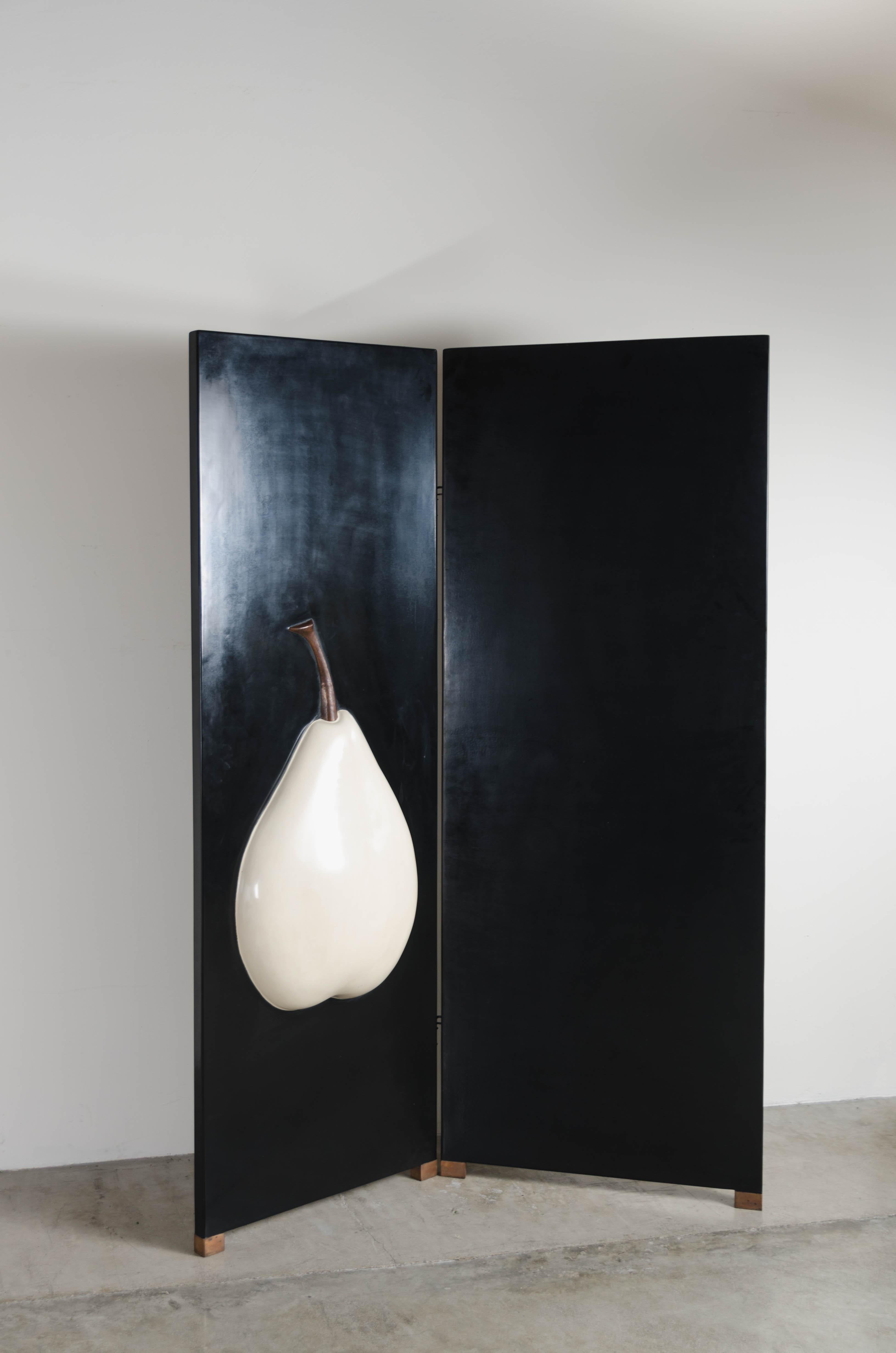 Repoussé 2-Panel Black Lacquer Screen with Cream Pear by Robert Kuo, Handmade, Limited For Sale
