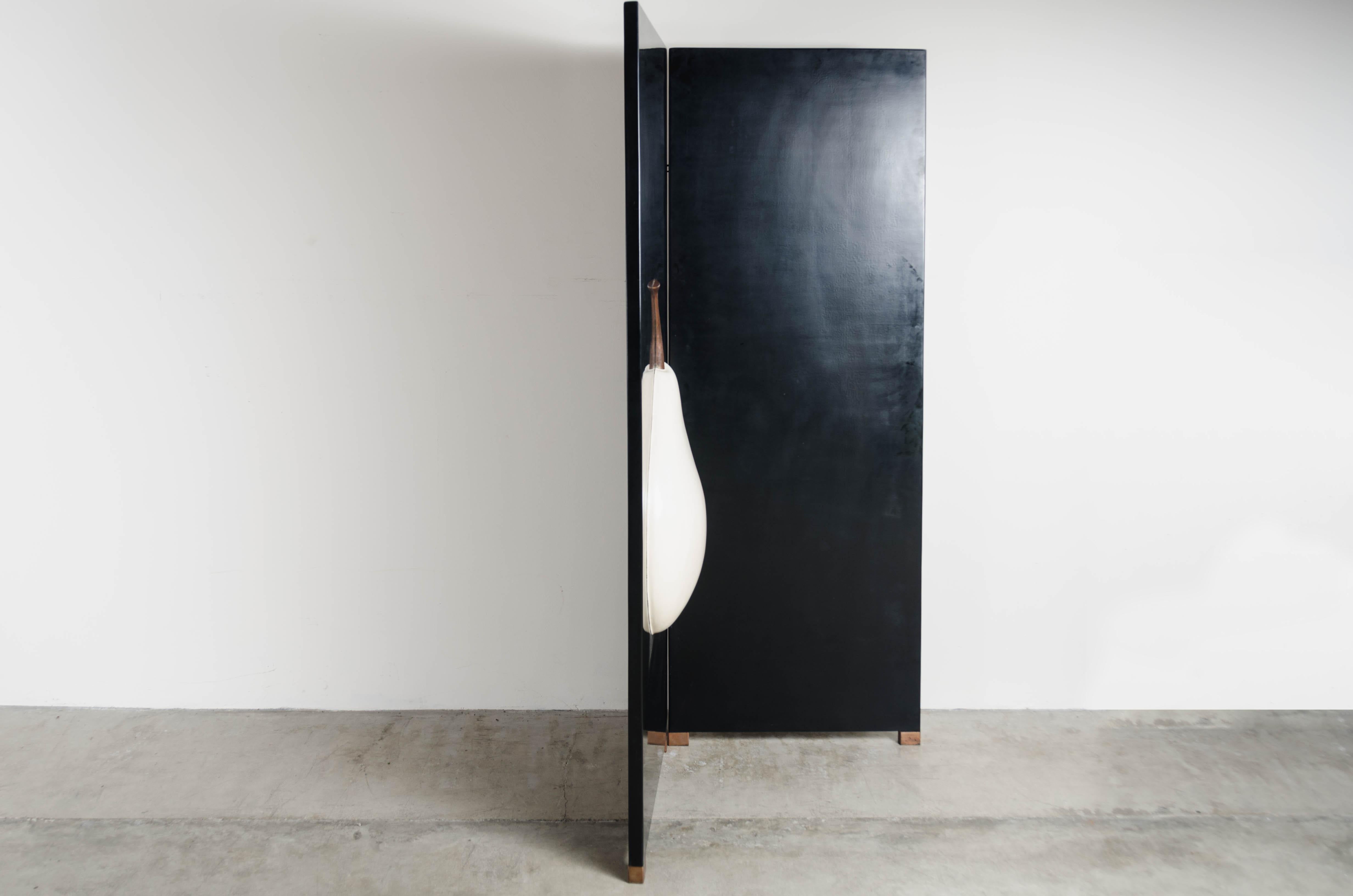 Contemporary 2-Panel Black Lacquer Screen with Cream Pear by Robert Kuo, Handmade, Limited For Sale