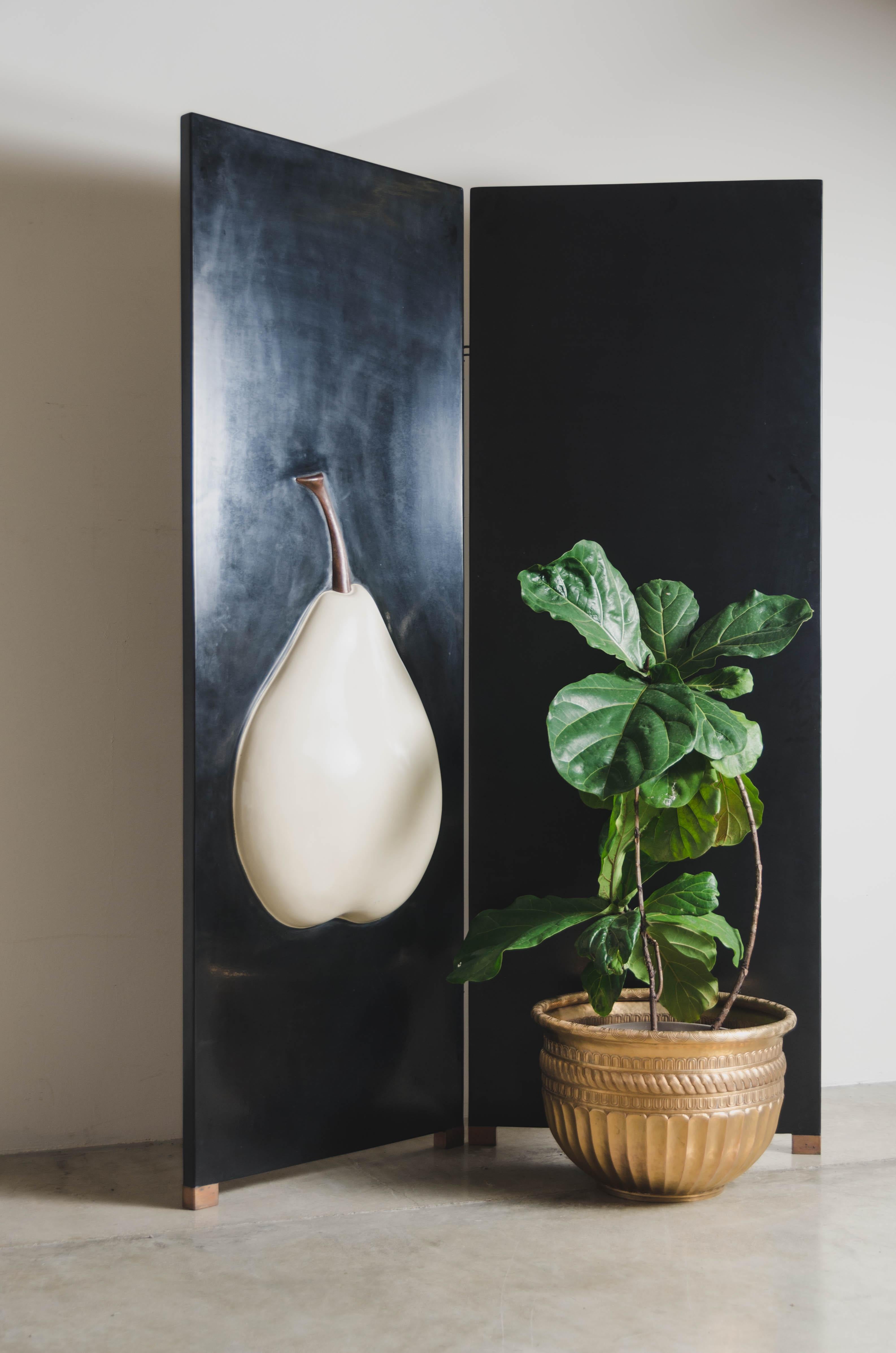 2-Panel Black Lacquer Screen with Cream Pear by Robert Kuo, Handmade, Limited For Sale 1
