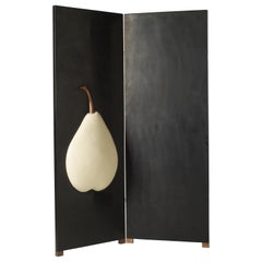 2-Panel Black Lacquer Screen with Cream Pear by Robert Kuo, Handmade, Limited