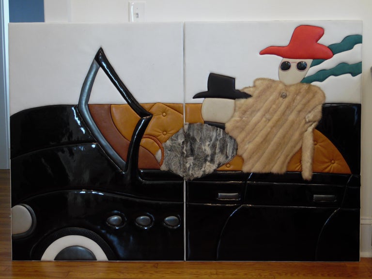 2 Panel Postmodern Memphis Style Contemporary 3d Leather Art For Sale ...