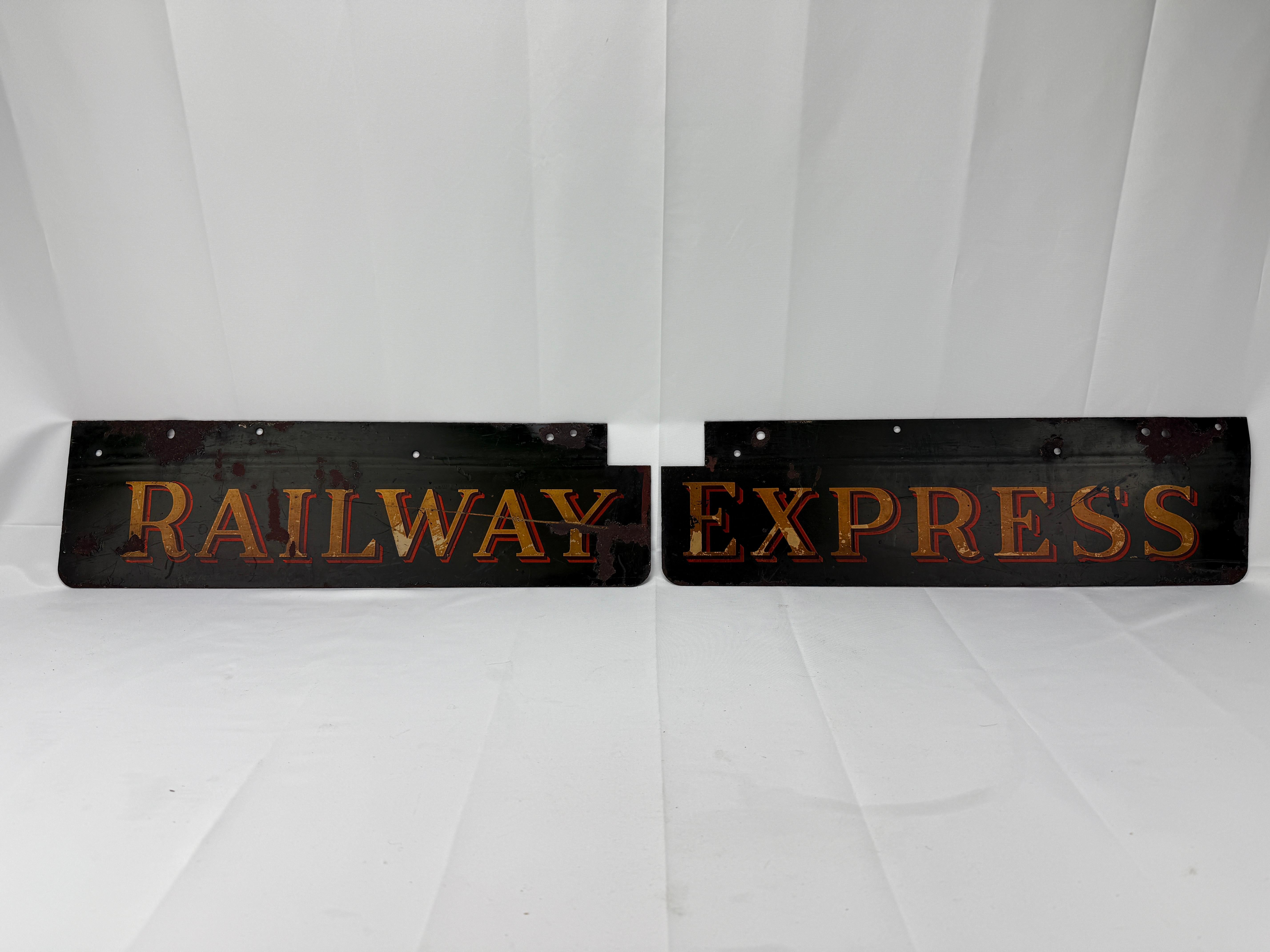 2 St., antike Original Eisenbahn Express Agentur Porzellan auf Metall Zeichen - Maßnahmen 20 