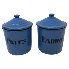 Vintage 2 Pc Blue Enamel Canisters