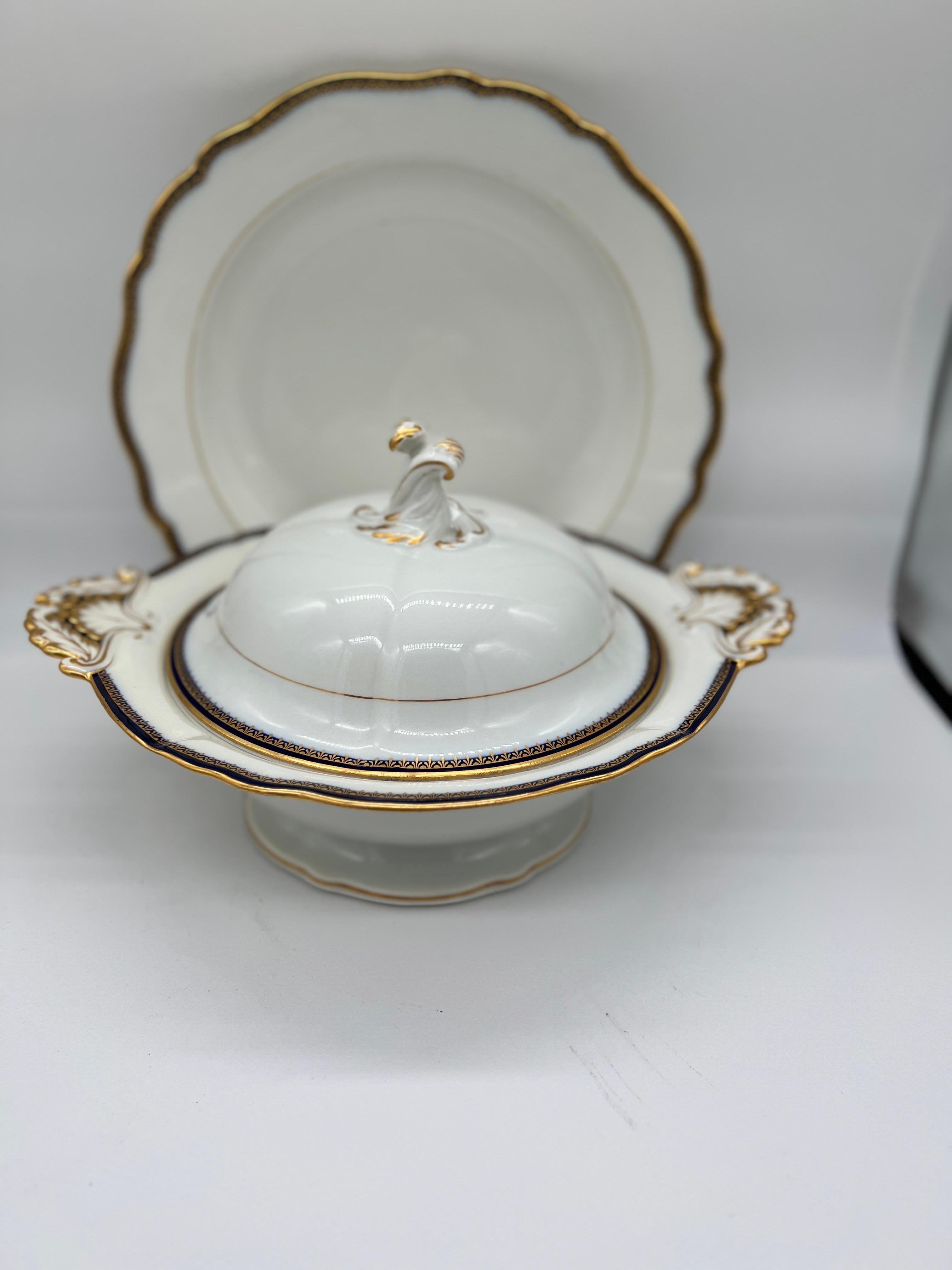 German 2 Pc, Meissen Porcelain Cobalt & Gold Rim Decorated Soup Tureen, Under Platter  For Sale