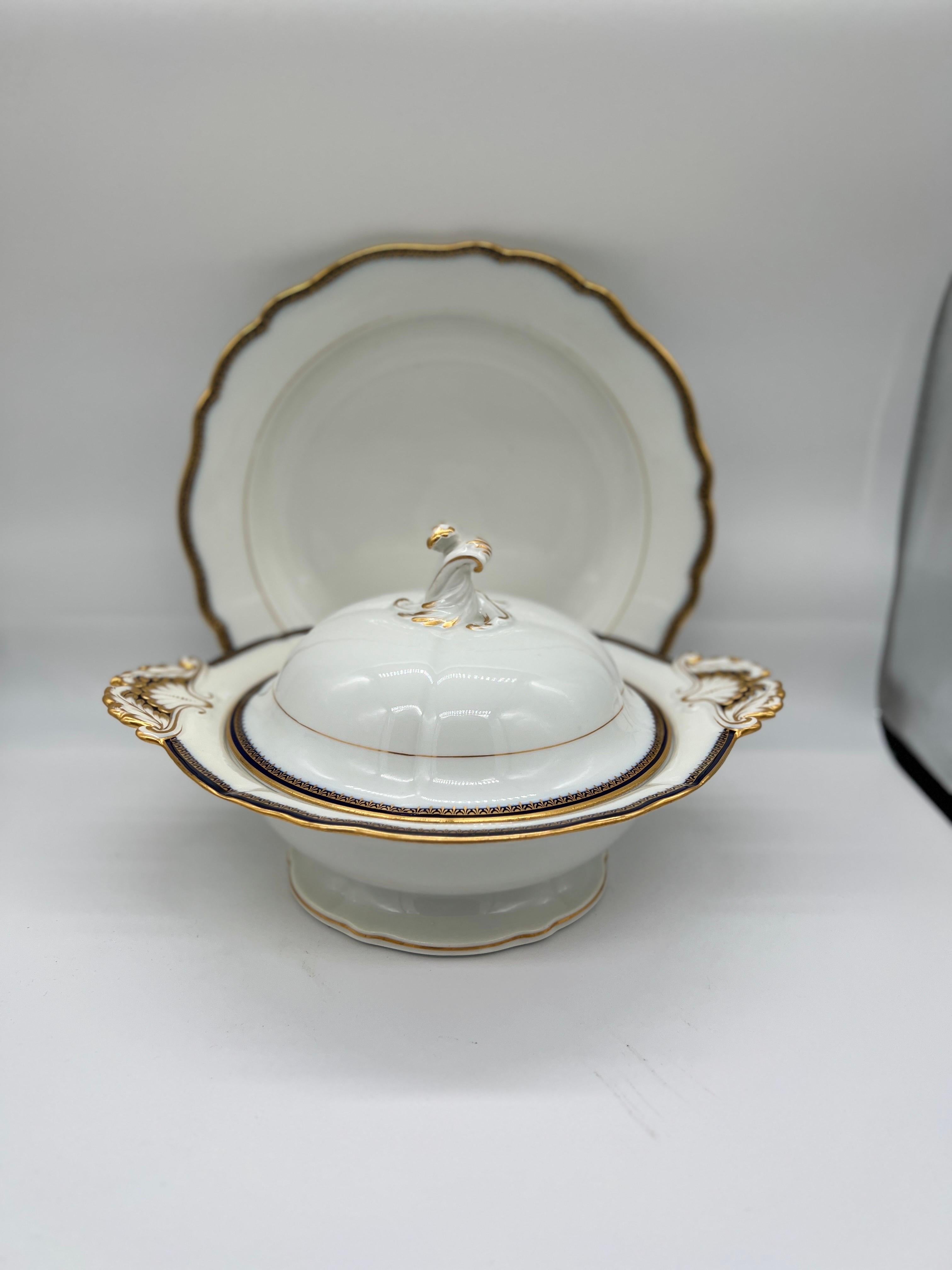 20th Century 2 Pc, Meissen Porcelain Cobalt & Gold Rim Decorated Soup Tureen, Under Platter  For Sale