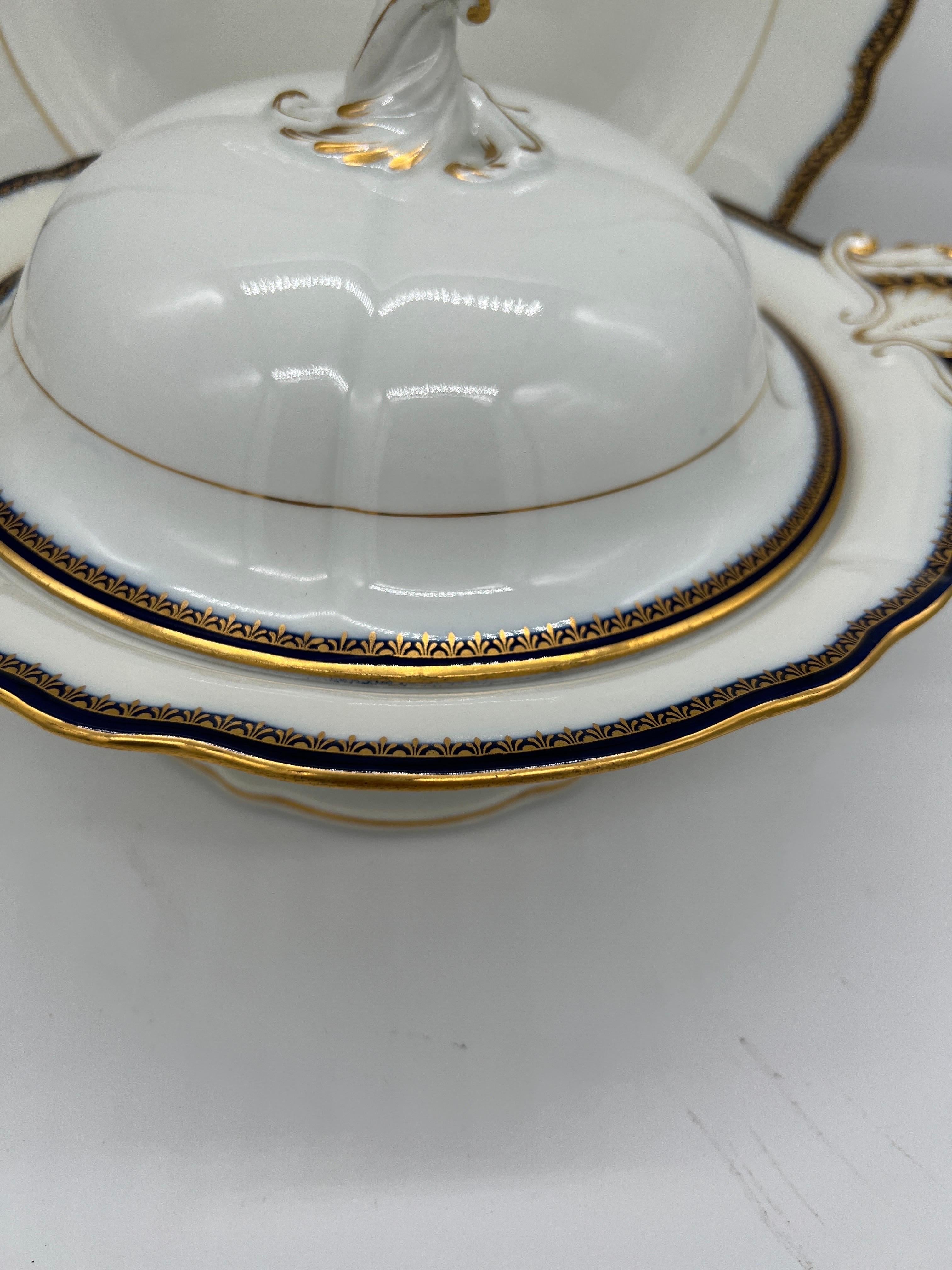 2 Pc, Meissen Porcelain Cobalt & Gold Rim Decorated Soup Tureen, Under Platter  For Sale 1