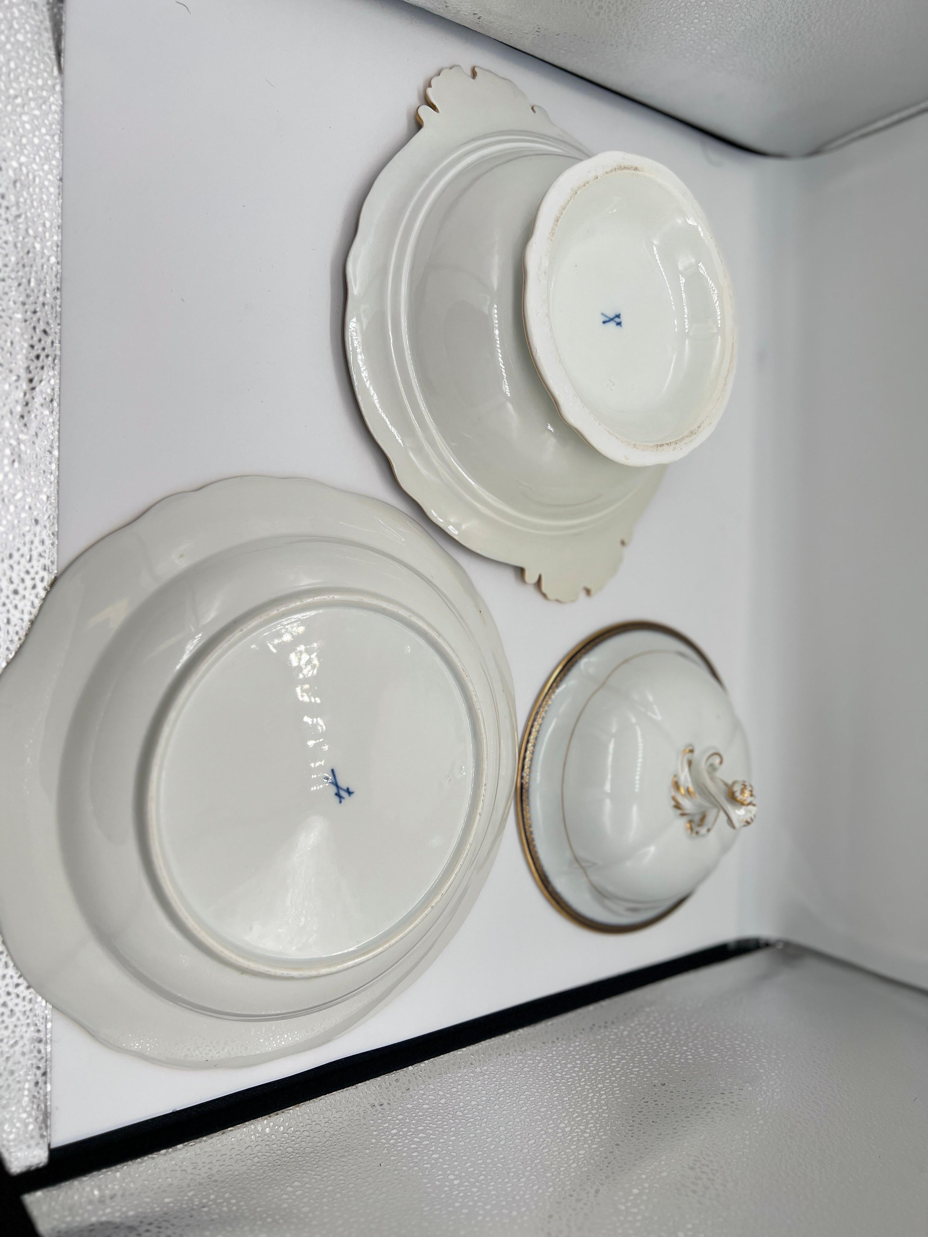 2 Pc, Meissen Porcelain Cobalt & Gold Rim Decorated Soup Tureen, Under Platter  For Sale 2