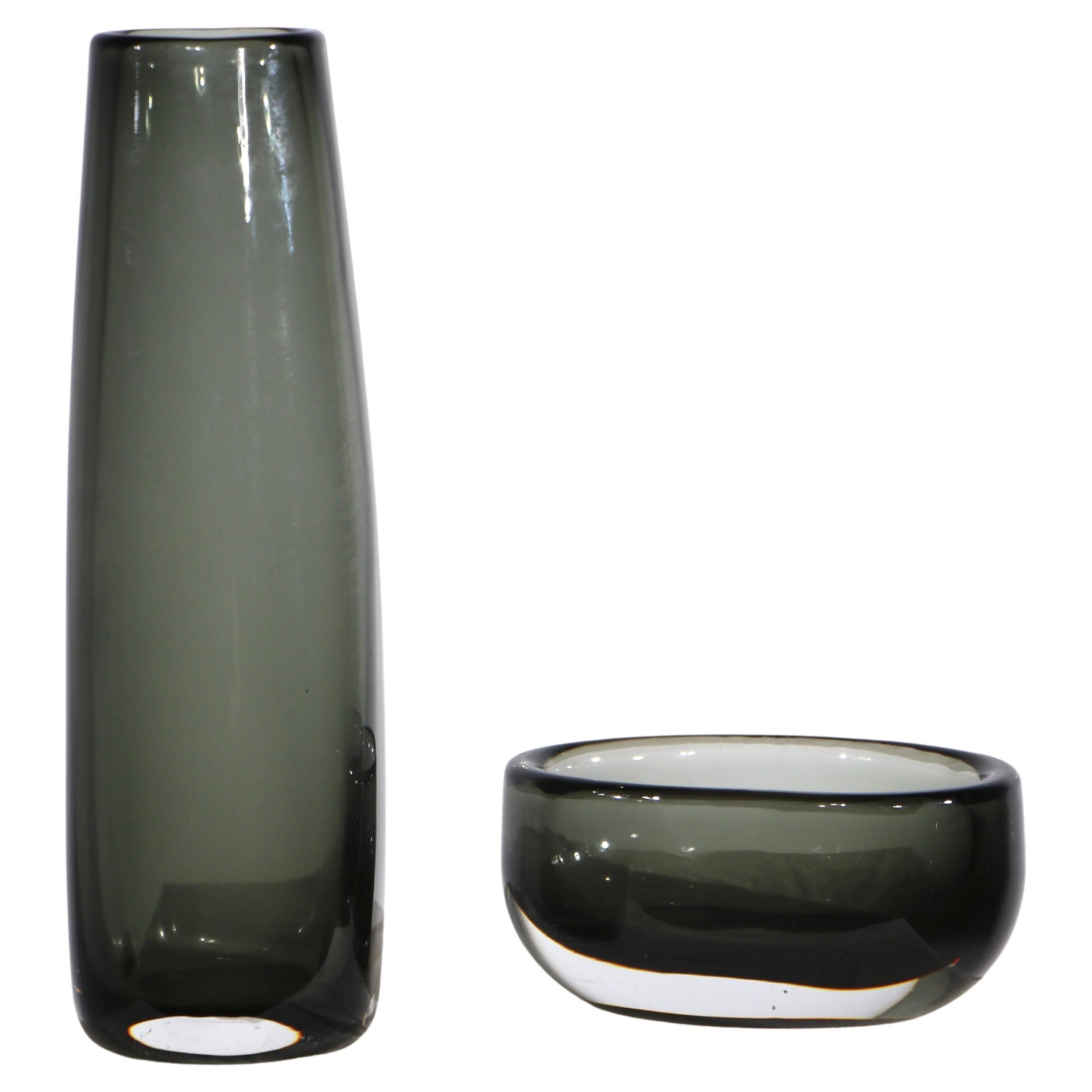 2 Pc. Nils Landberg for Orrefors Grey and Clear Sommerso Vases