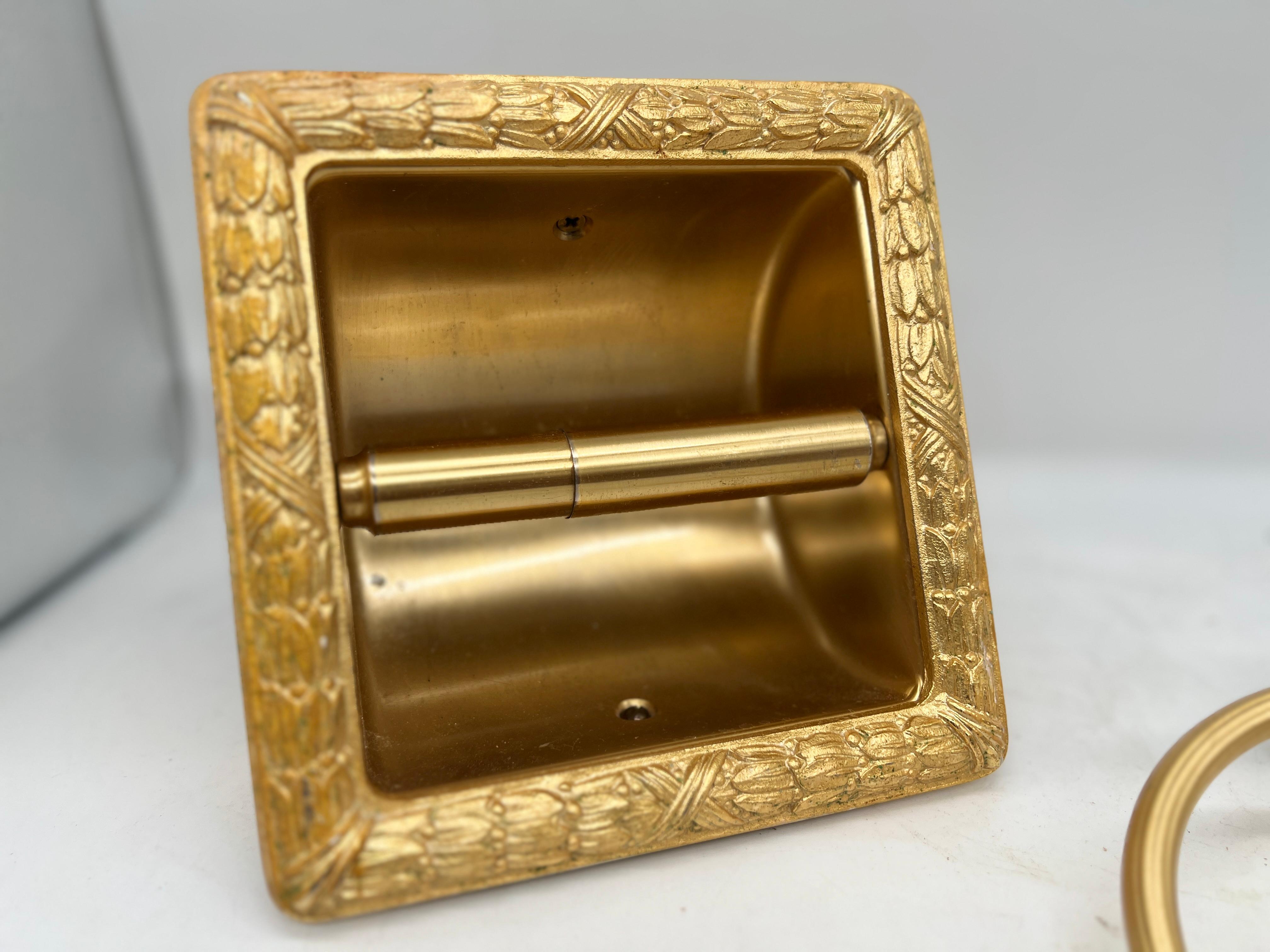 Neoclassical 2 Pc, Vintage Sherle Wagner Ribbon & Reed Gold Plated Recessed Paper & Towel