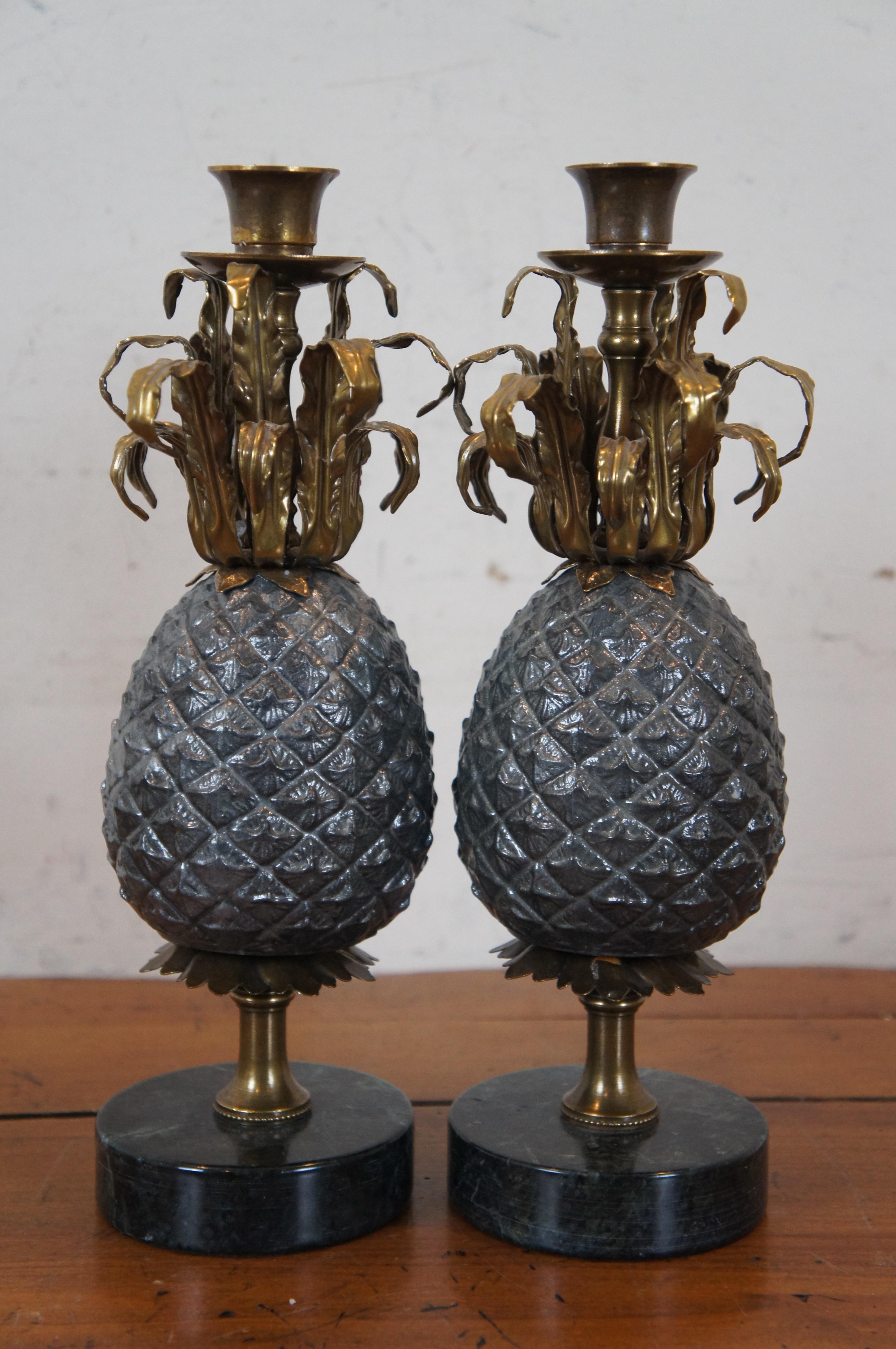 20th Century 2 Petite Choses Pewter Brass Marble Pineapple Candlesticks Candle Holders 11