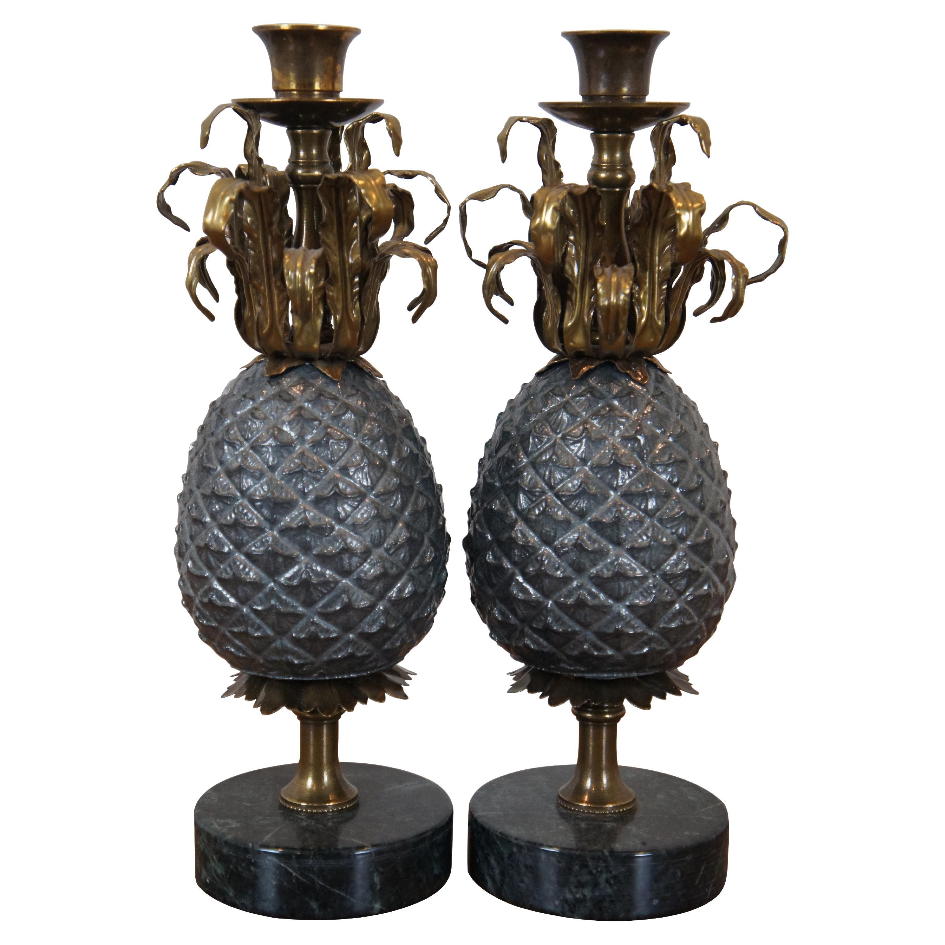 2 Petite Choses Pewter Brass Marble Pineapple Candlesticks Candle Holders 11" For Sale