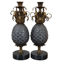 2 Petite Choses Pewter Brass Marble Pineapple Candlesticks Candle Holders 11"