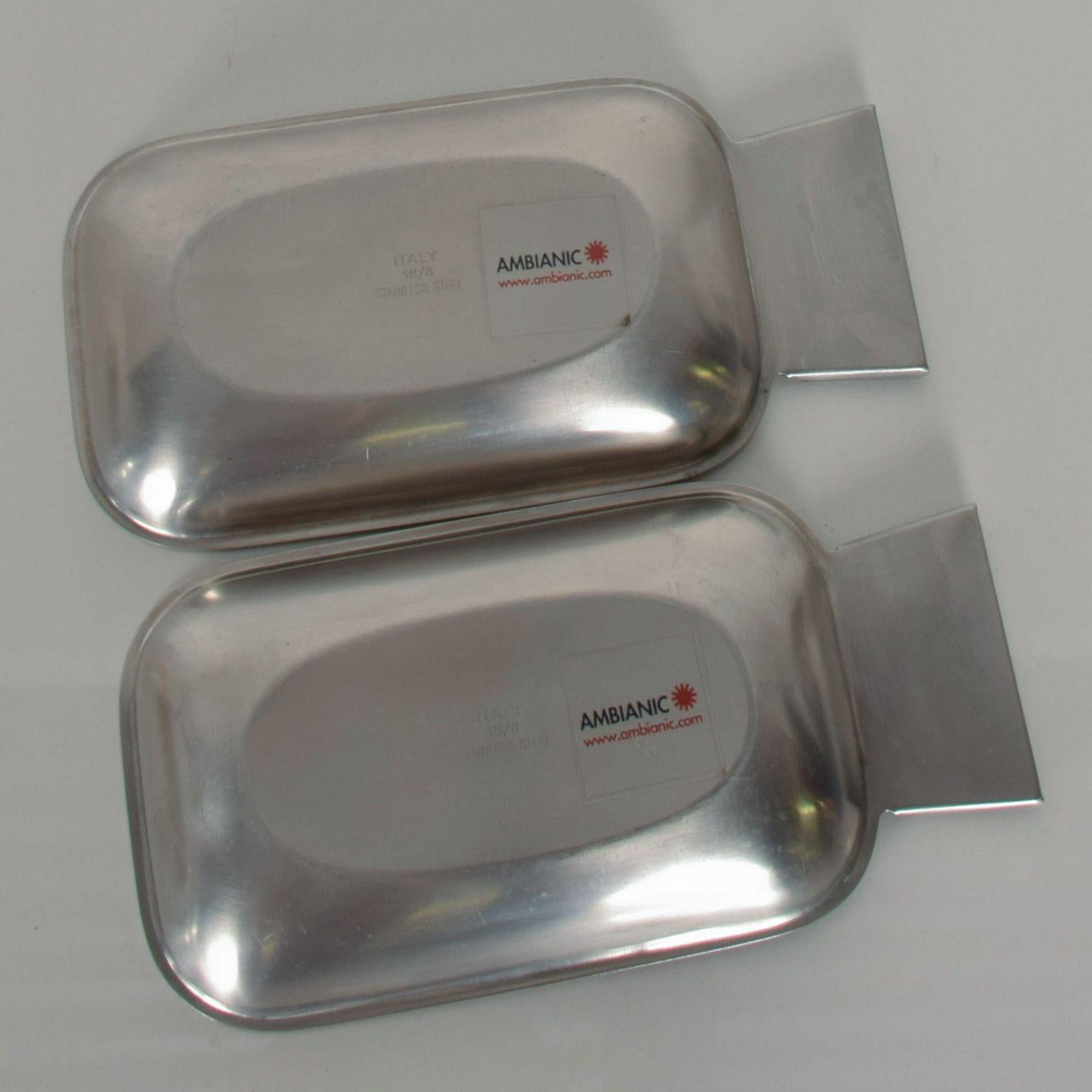 1960s Two Petite Stainless Steel Serving Trays Handled Side Tray made ITALY 2