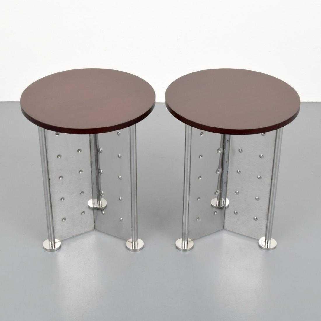 Two side or end tables by Philippe Starck for Driade. Tables are from the Royalton Hotel, New York. 

Country of origin and materials: Italy; stained mahogany, stainless steel.
    
