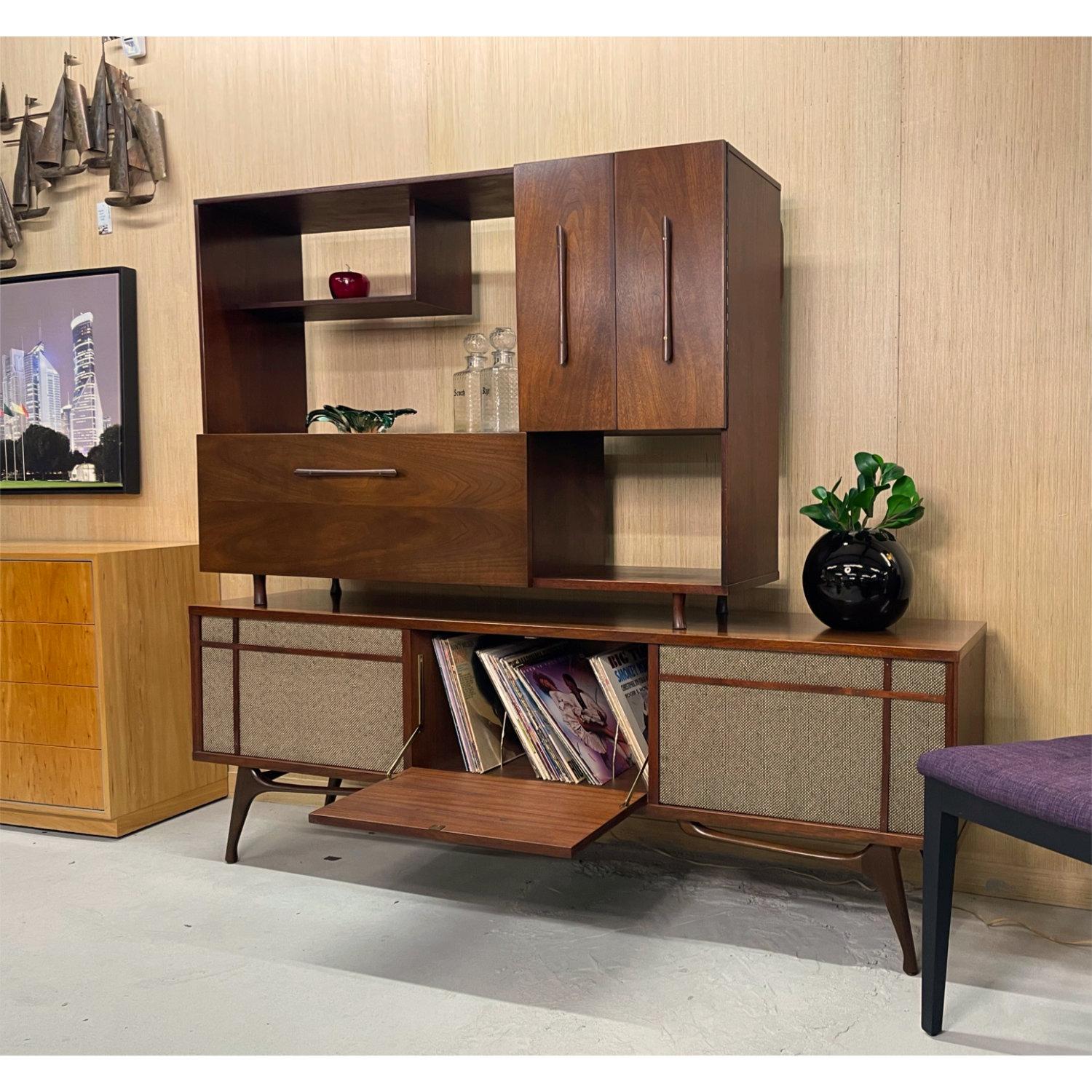 Mid-Century Modern 2-Piece 1960's Bogen Tube Amp Console Stereo Cabinet with Dry Bar Bookcase Hutch