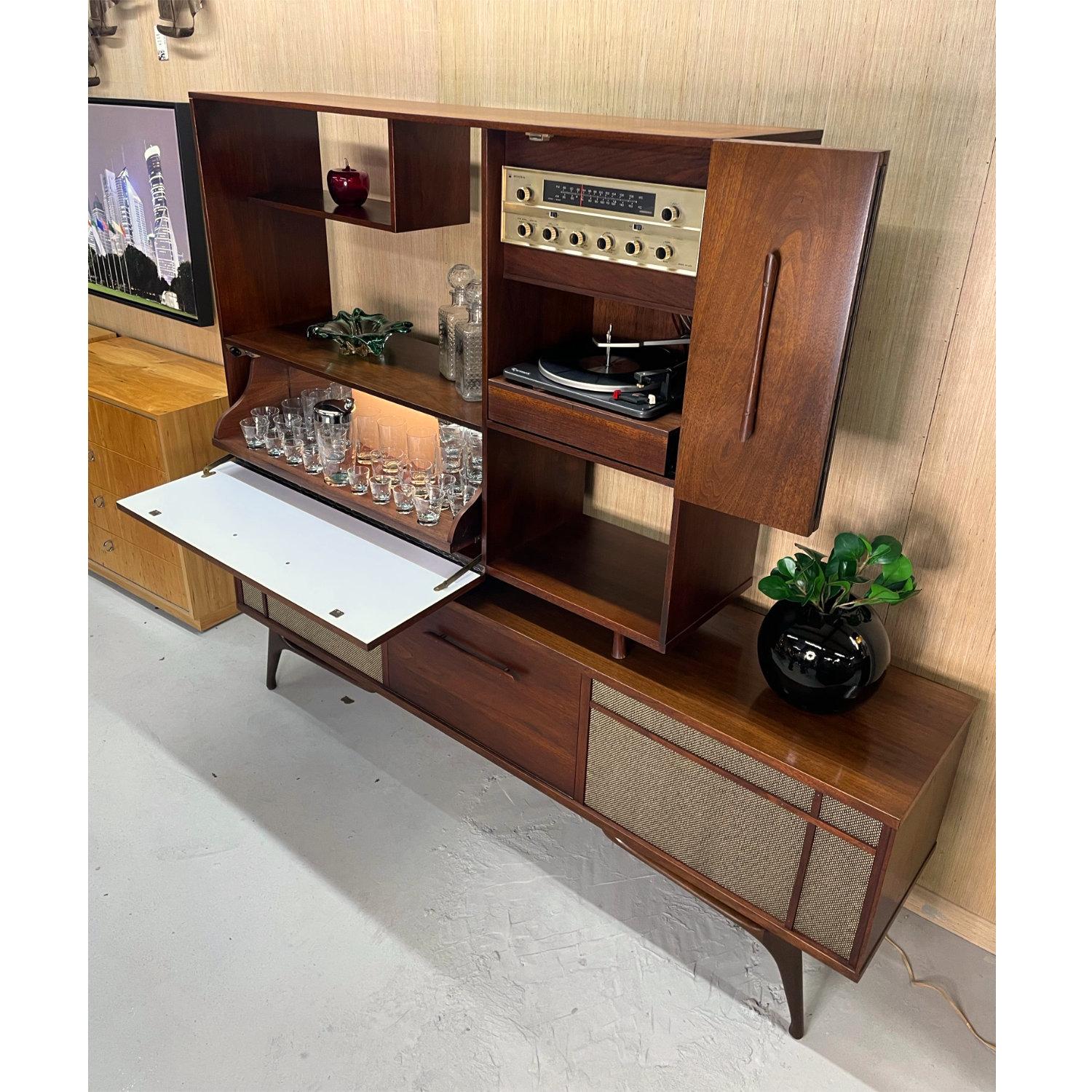 American 2-Piece 1960's Bogen Tube Amp Console Stereo Cabinet with Dry Bar Bookcase Hutch