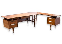 2 Piece Atomic Mid Century Modern Asymmetrical Walnut Rattan Aluminum Desk
