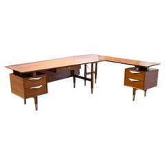 2 Piece Atomic Mid Century Modern Asymmetrical Walnut Rattan Aluminum Desk
