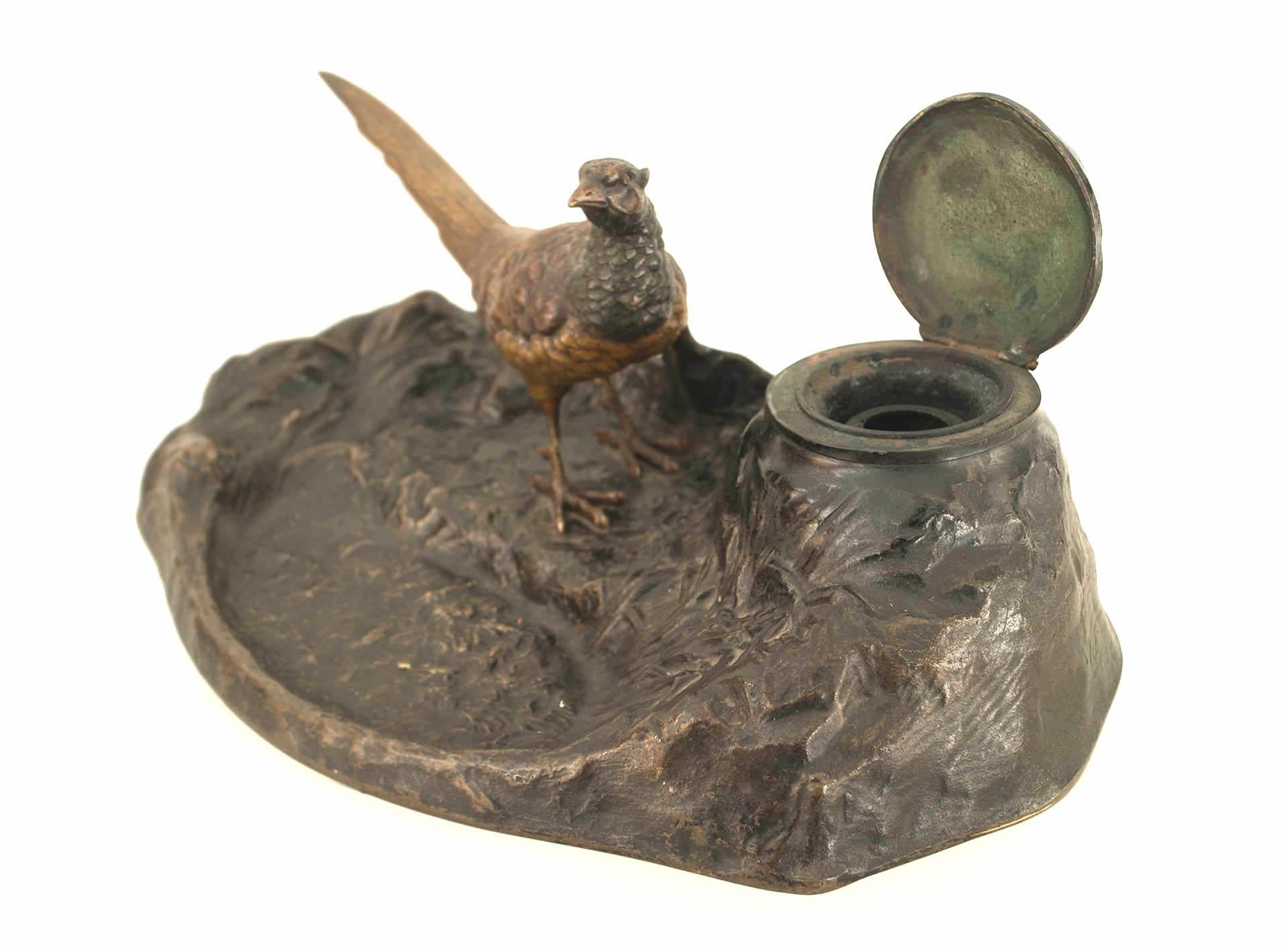 French Victorian bronze inkwell of standing pheasant with roll blotter. (priced as set).
  