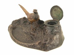2-Piece French Victorian Bronze Pheasant Inkwell