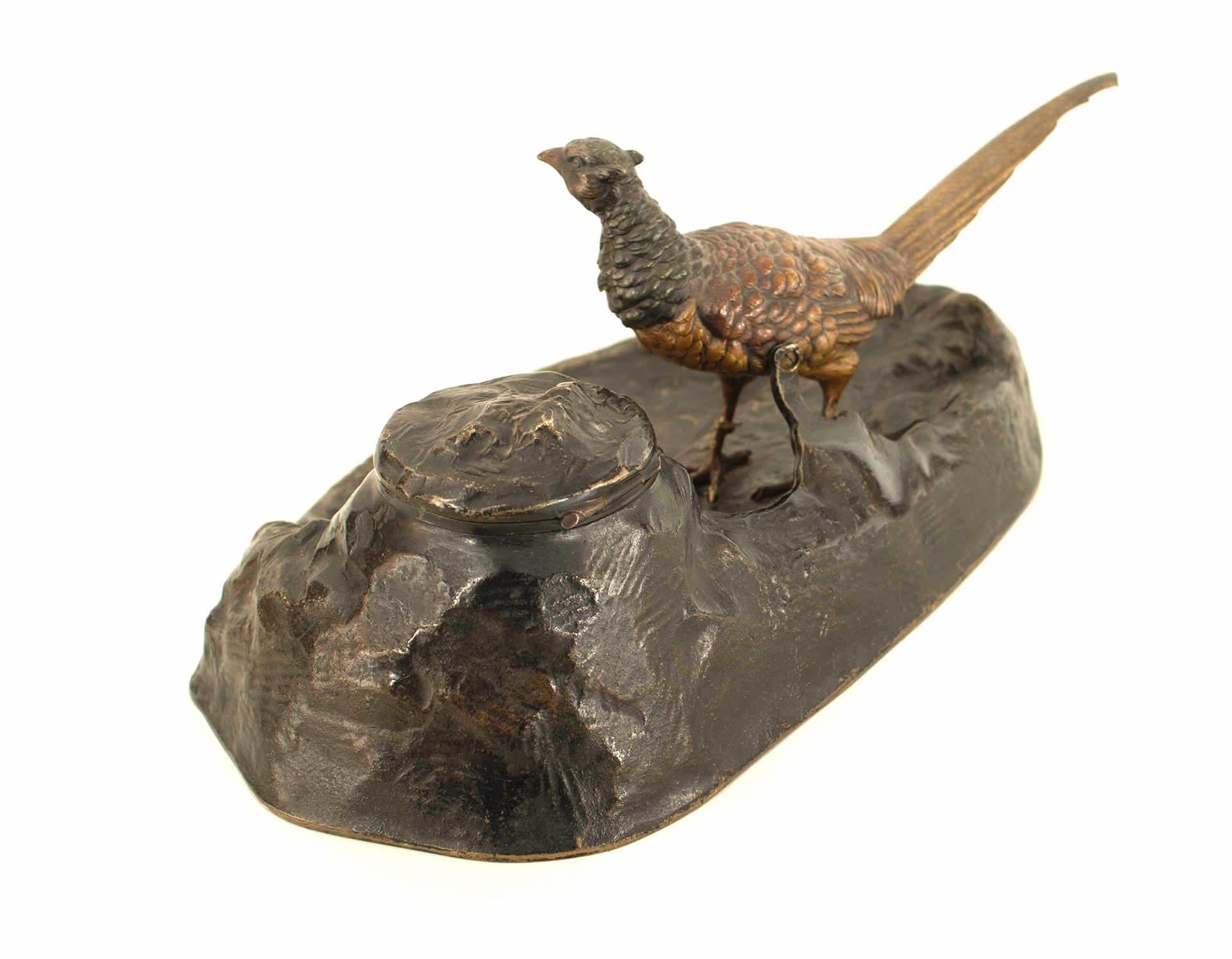 2-Piece French Victorian Bronze Pheasant Inkwell In Good Condition For Sale In New York, NY