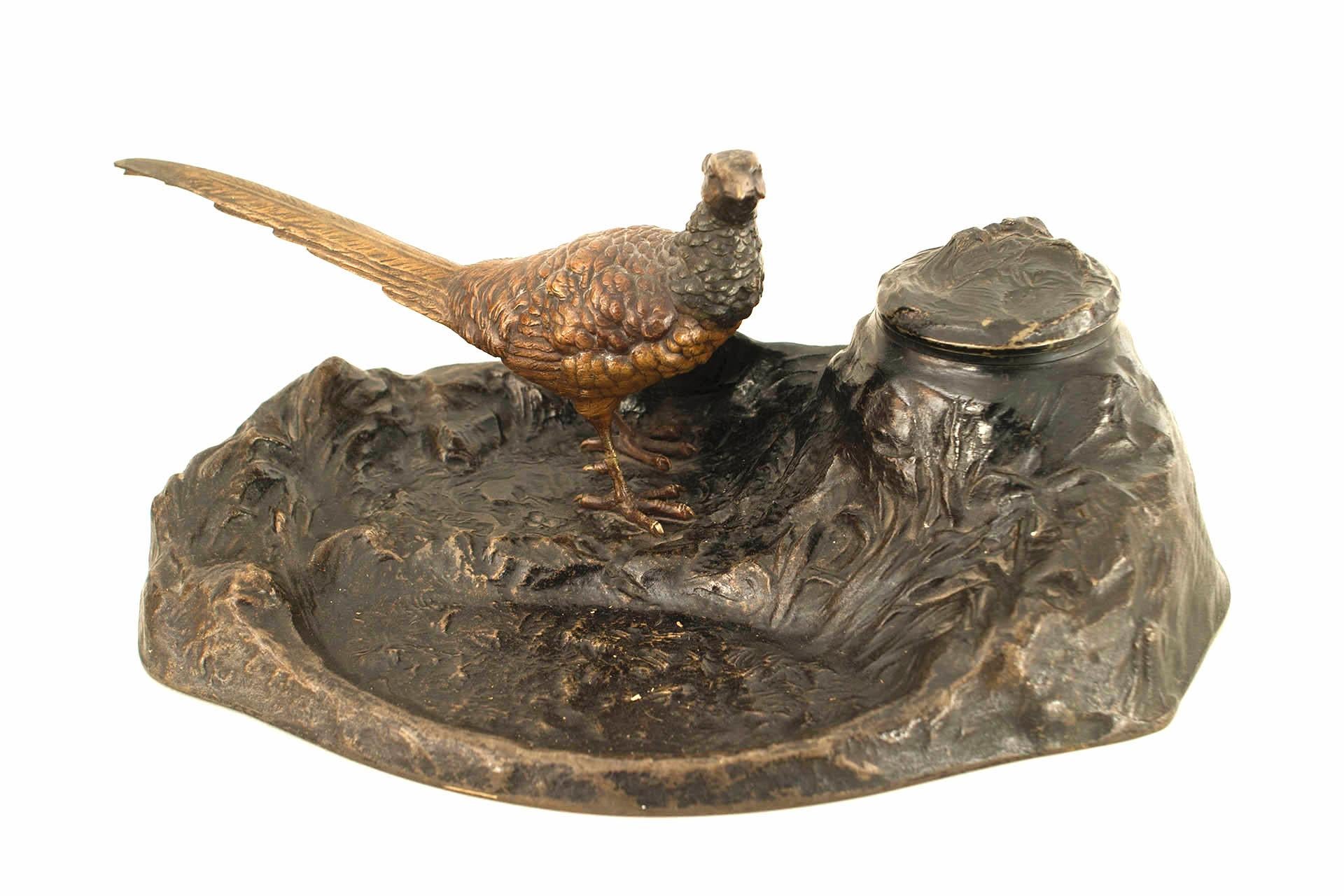 19th Century 2-Piece French Victorian Bronze Pheasant Inkwell For Sale