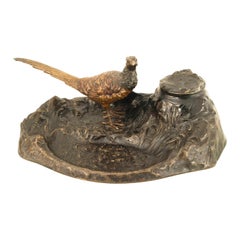 2-Piece French Victorian Bronze Pheasant Inkwell