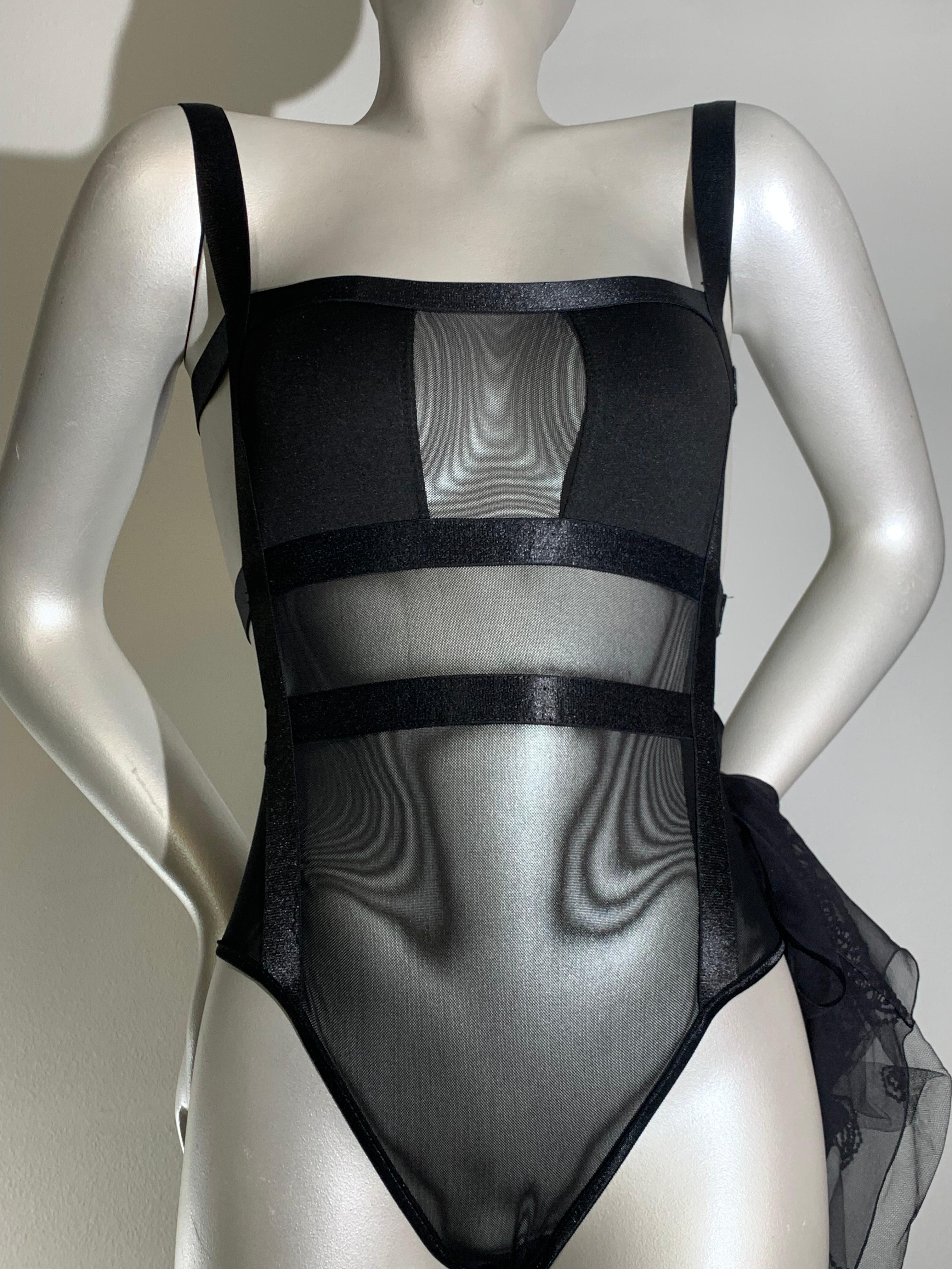 2-Piece Lingerie Set: Black Bondage-Style Bodysuit w/ Embroidered Lace Shrug For Sale 7