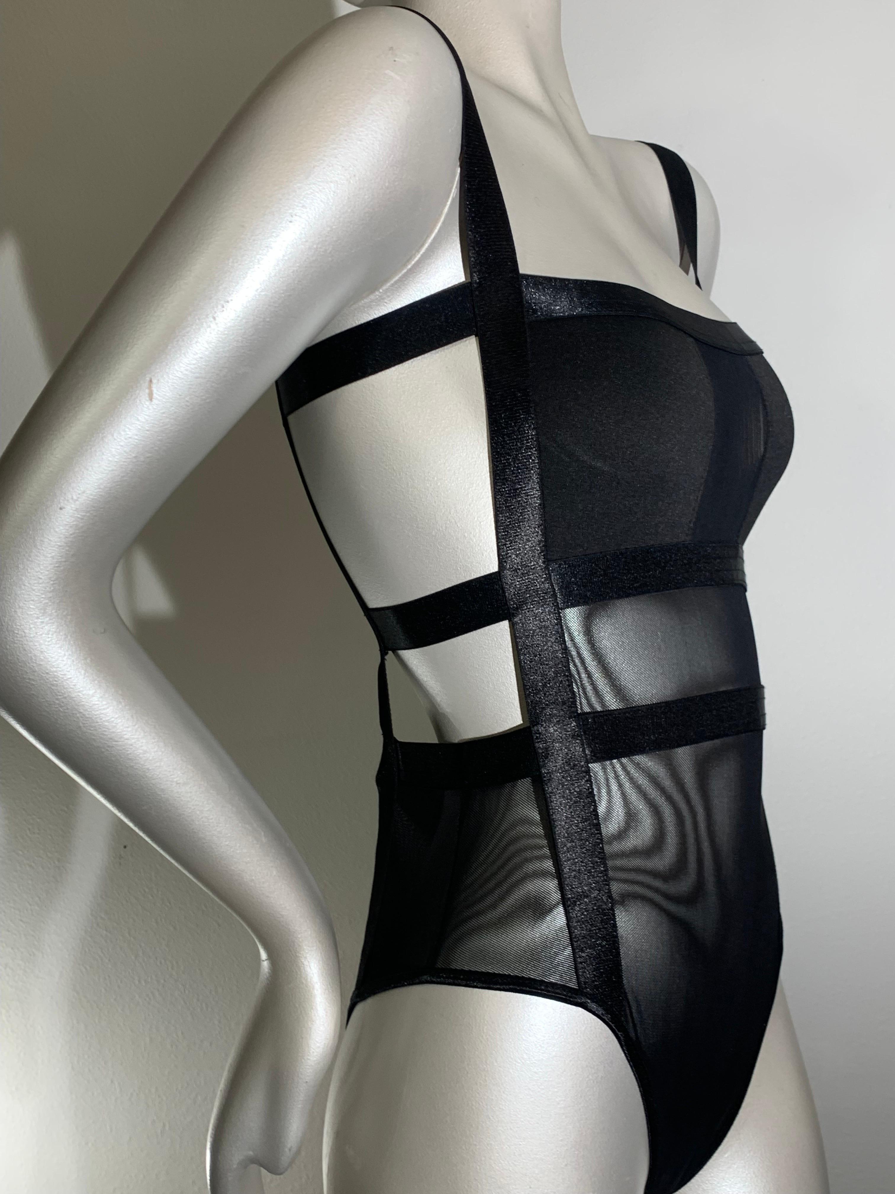 2-Piece Lingerie Set: Black Bondage-Style Bodysuit w/ Embroidered Lace Shrug For Sale 8