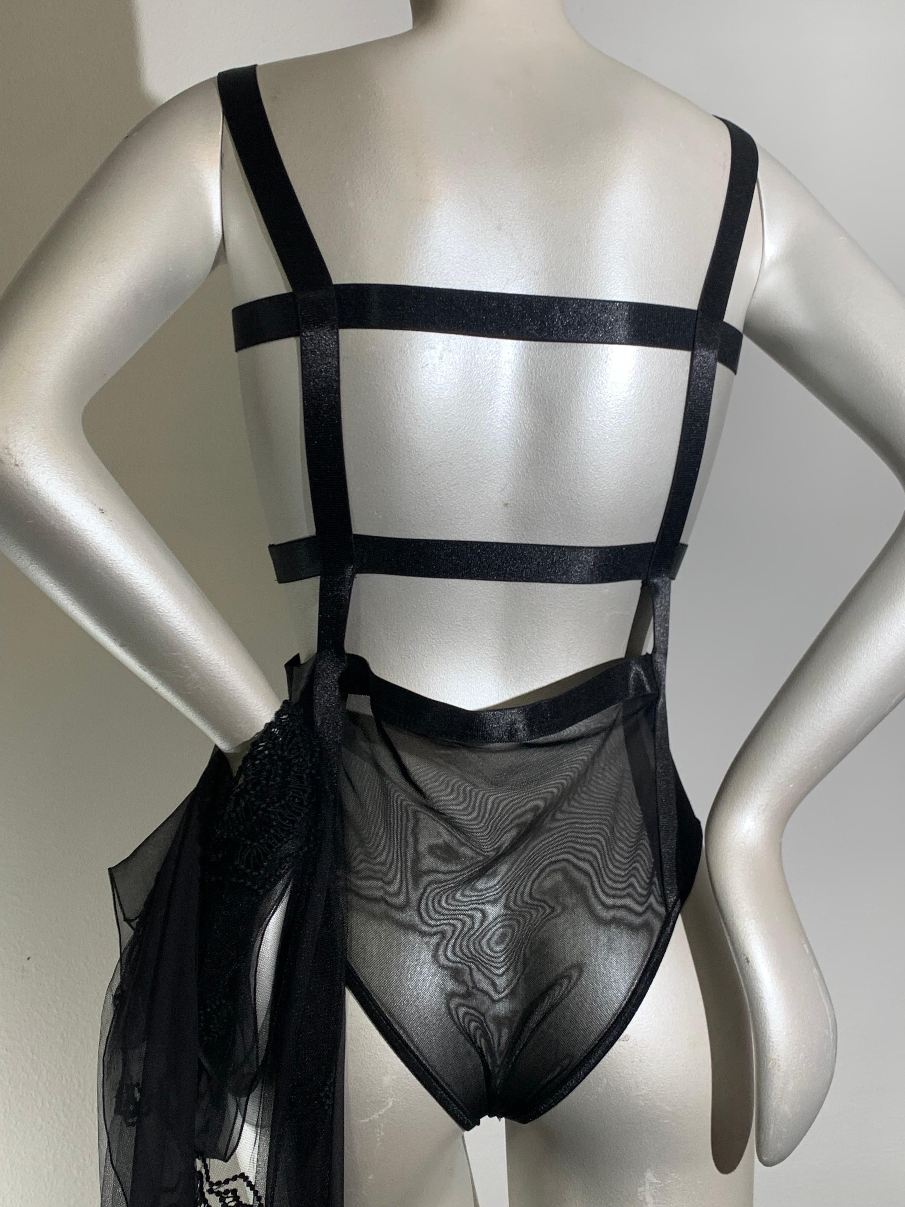 2-Piece Lingerie Set: Black Bondage-Style Bodysuit w/ Embroidered Lace Shrug For Sale 9