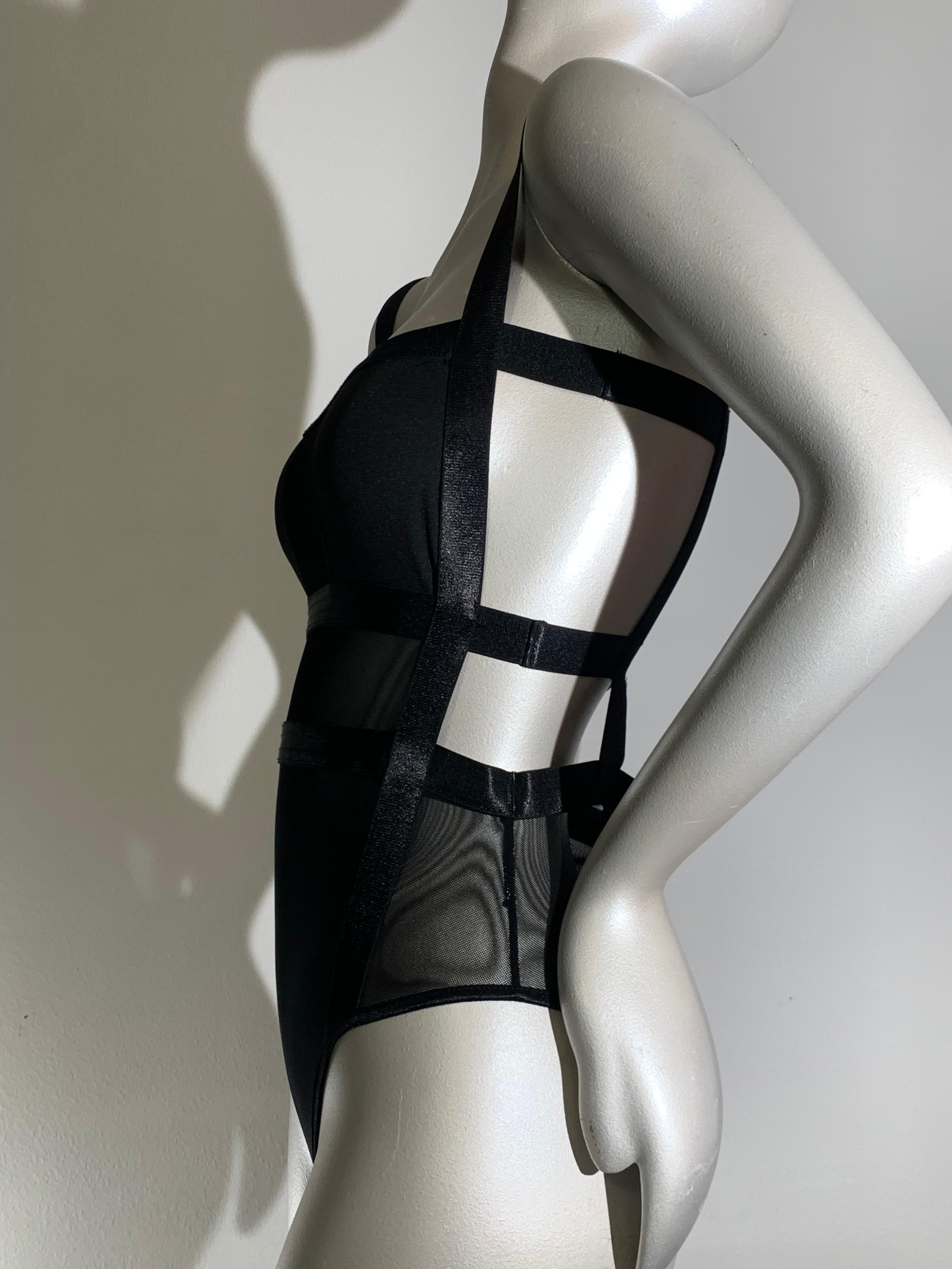 2-Piece Lingerie Set: Black Bondage-Style Bodysuit w/ Embroidered Lace Shrug For Sale 10