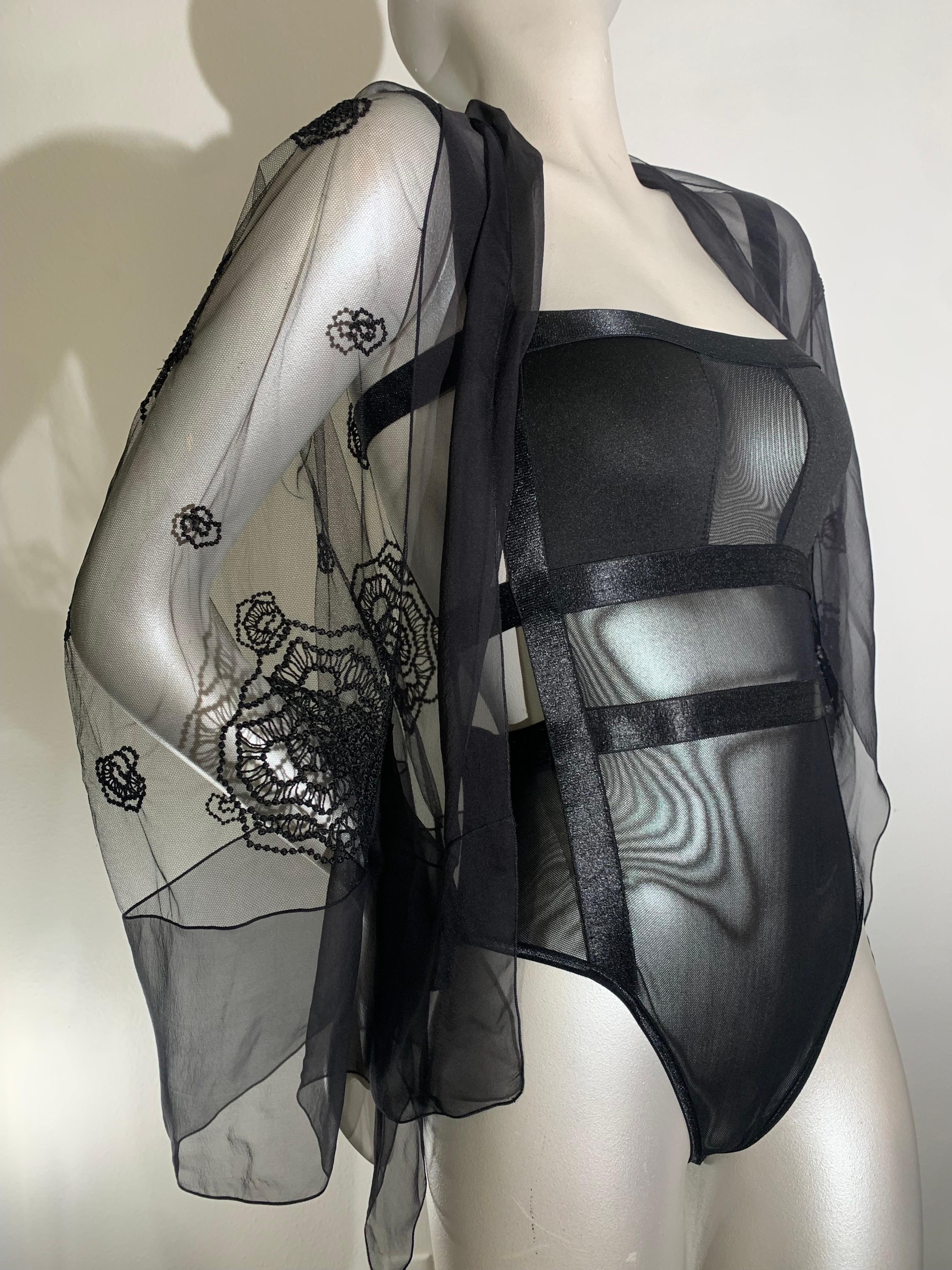 2-Piece Lingerie Set: Black Bondage-Style Bodysuit w/ Embroidered Lace Shrug In New Condition For Sale In Gresham, OR