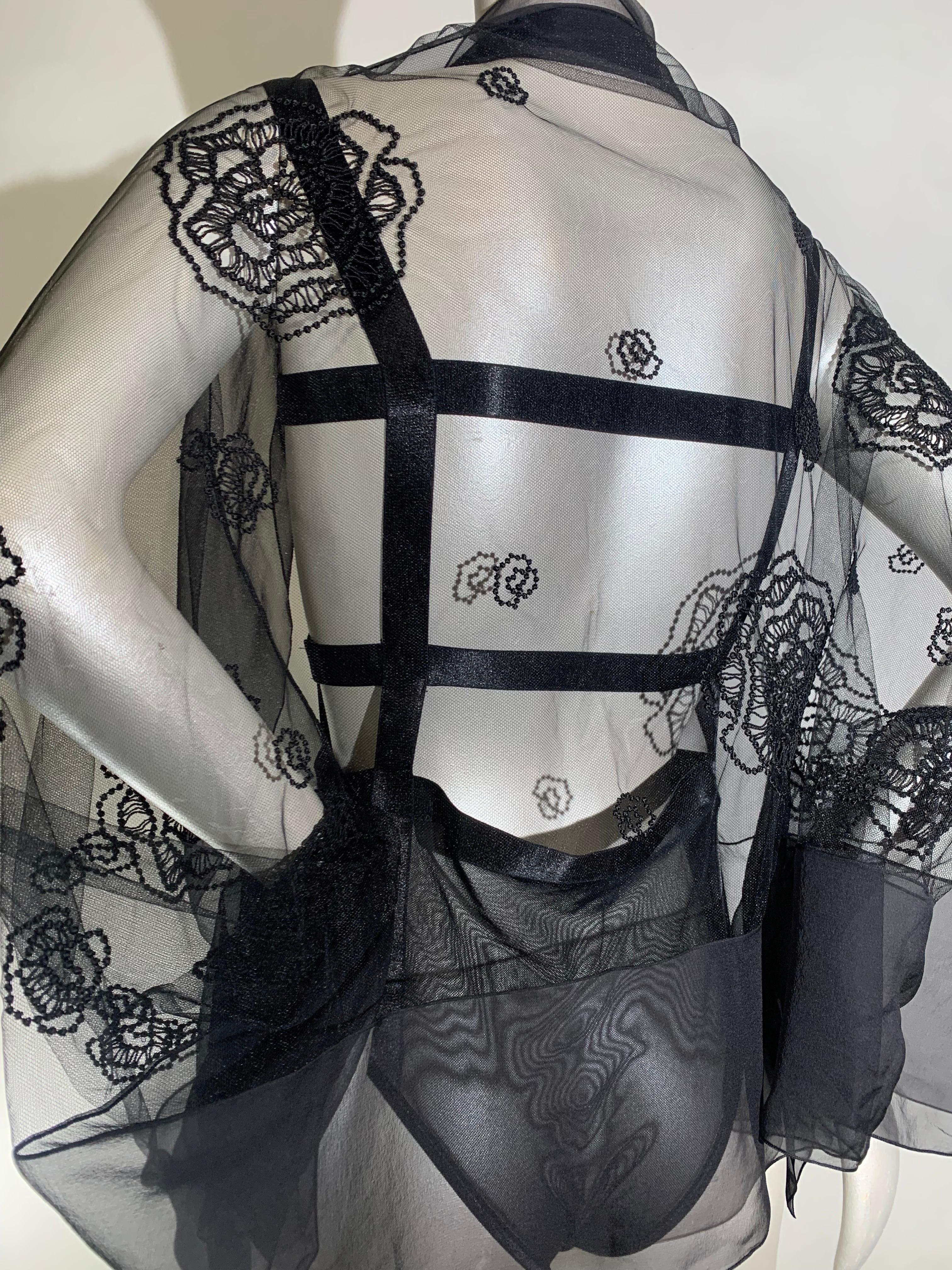 2-Piece Lingerie Set: Black Bondage-Style Bodysuit w/ Embroidered Lace Shrug For Sale 2