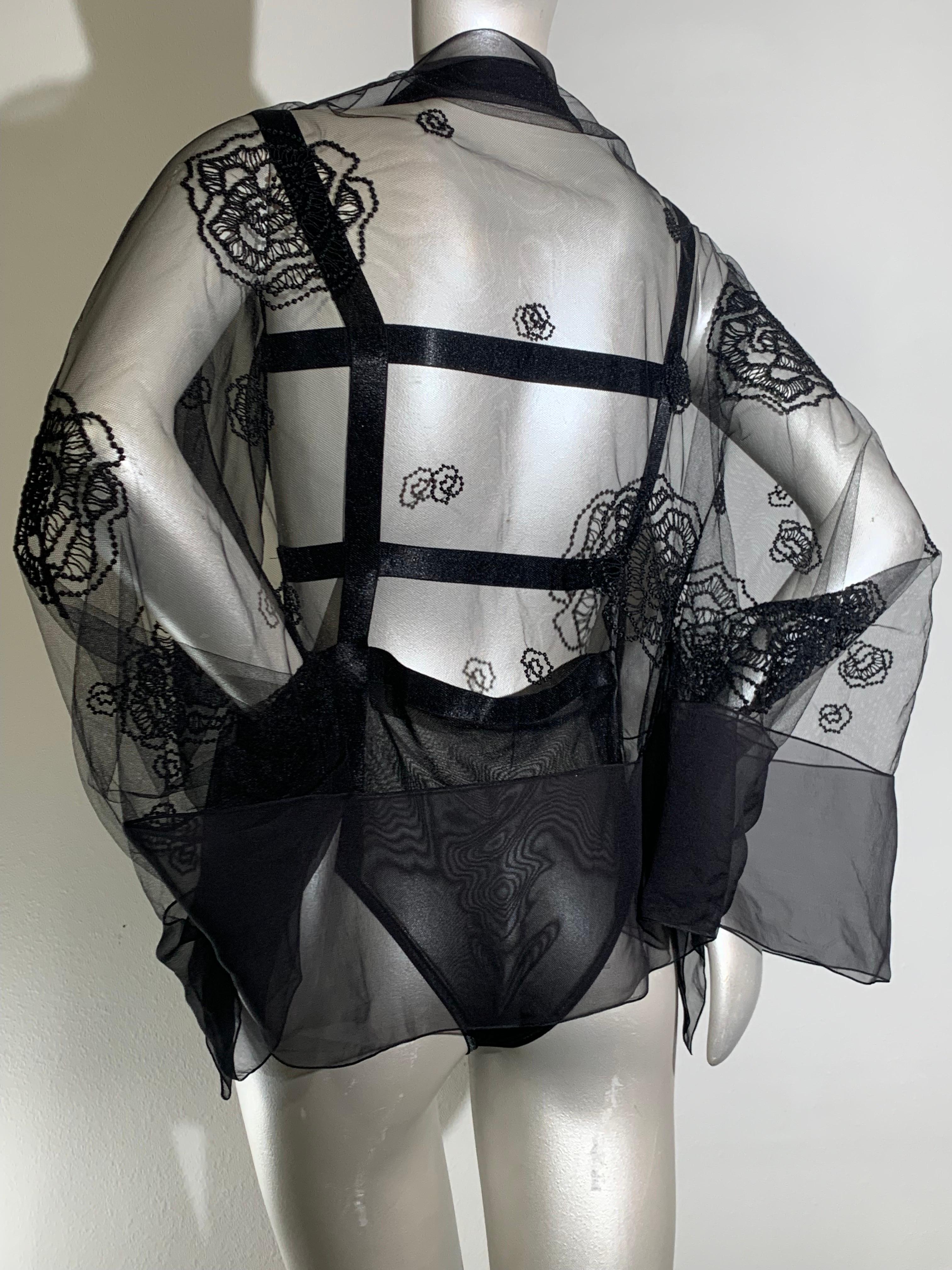 2-Piece Lingerie Set: Black Bondage-Style Bodysuit w/ Embroidered Lace Shrug For Sale 4