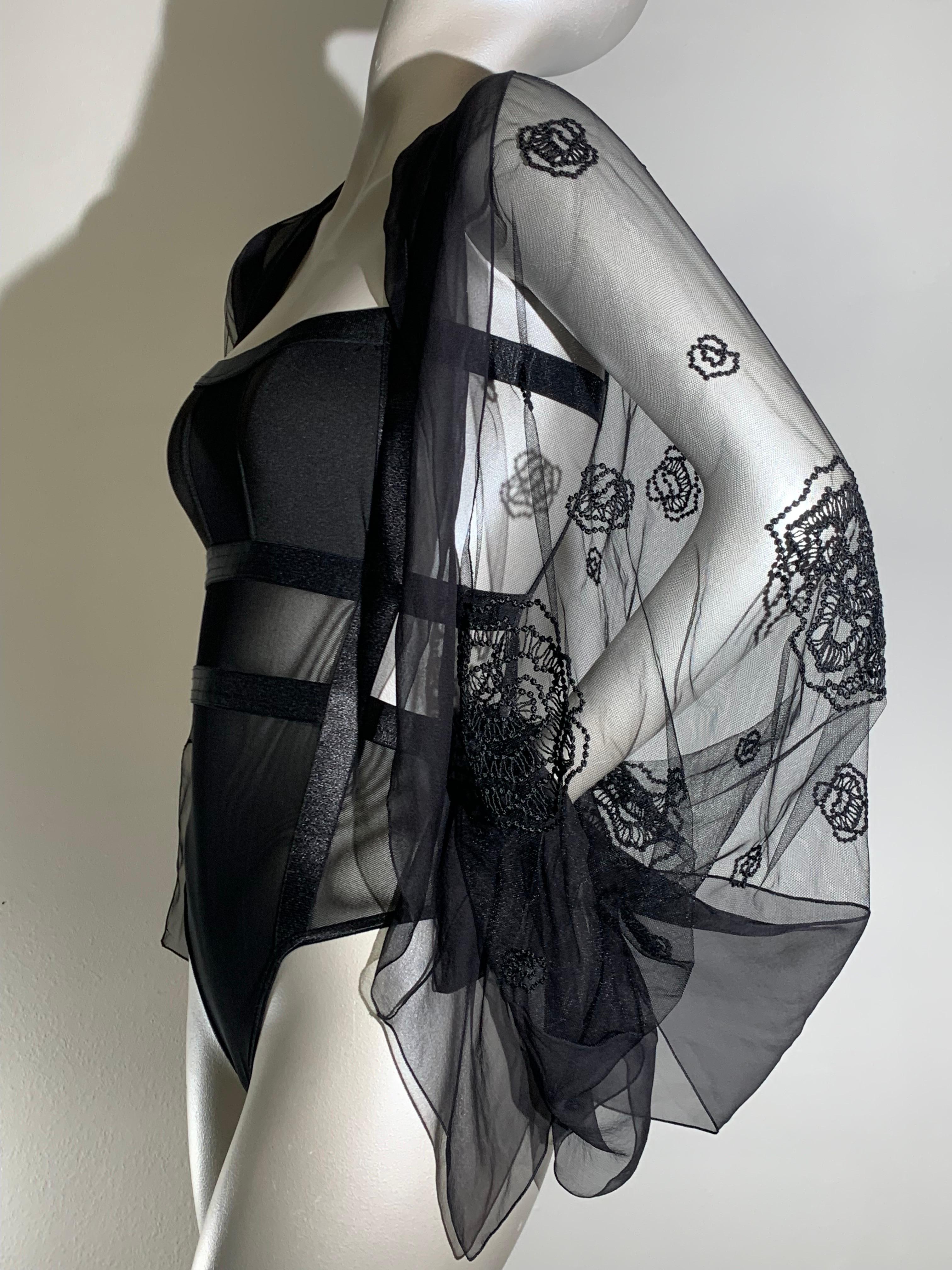 2-Piece Lingerie Set: Black Bondage-Style Bodysuit w/ Embroidered Lace Shrug For Sale 5