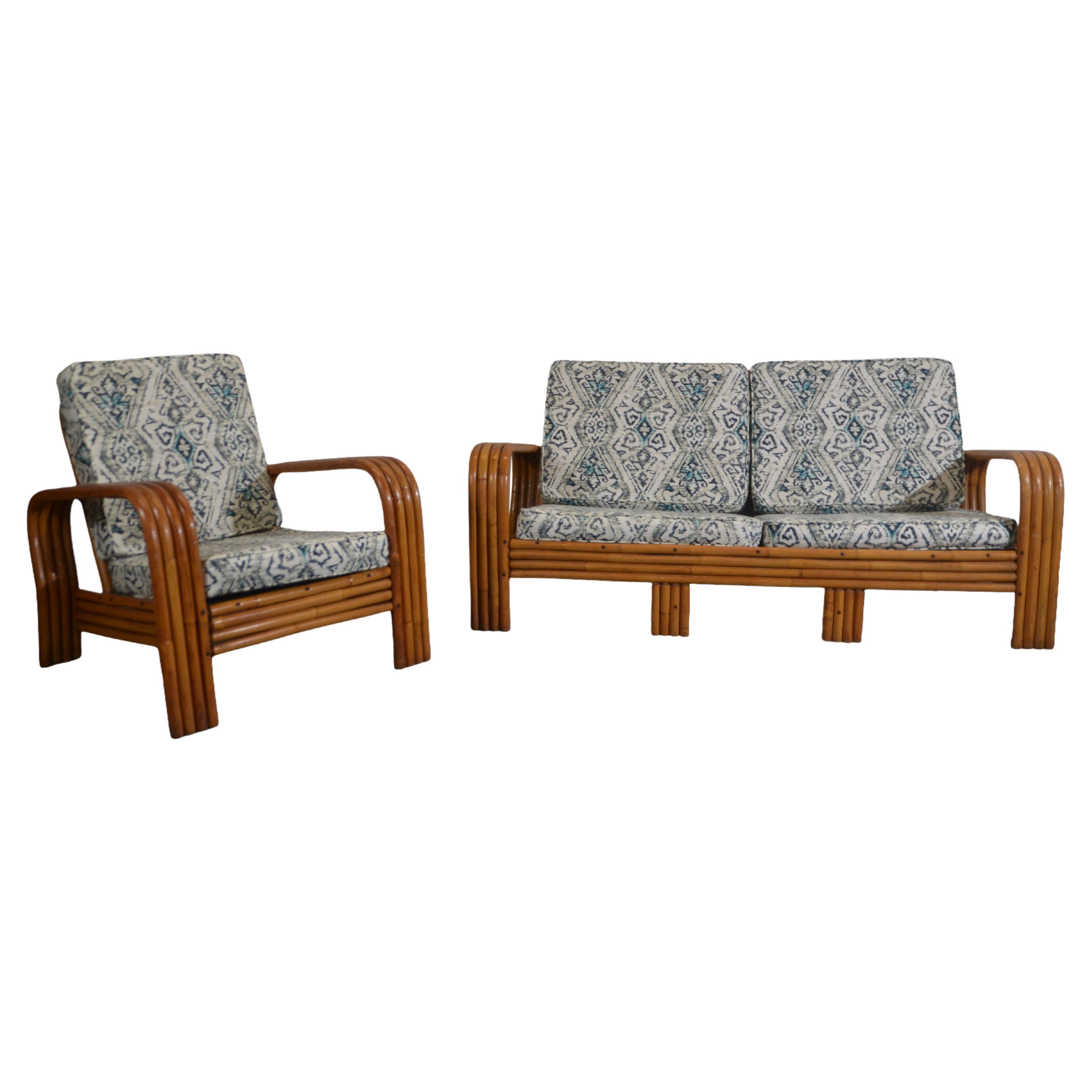 2 Pieces Mid-Century Bamboo Loveseat & Lounge Chair im Angebot