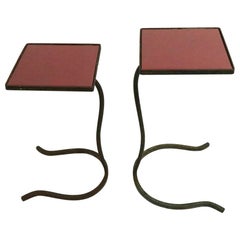 Antique 2 Piece Nesting Drink Stand Tables with Wrought Iron Base and Tile Top