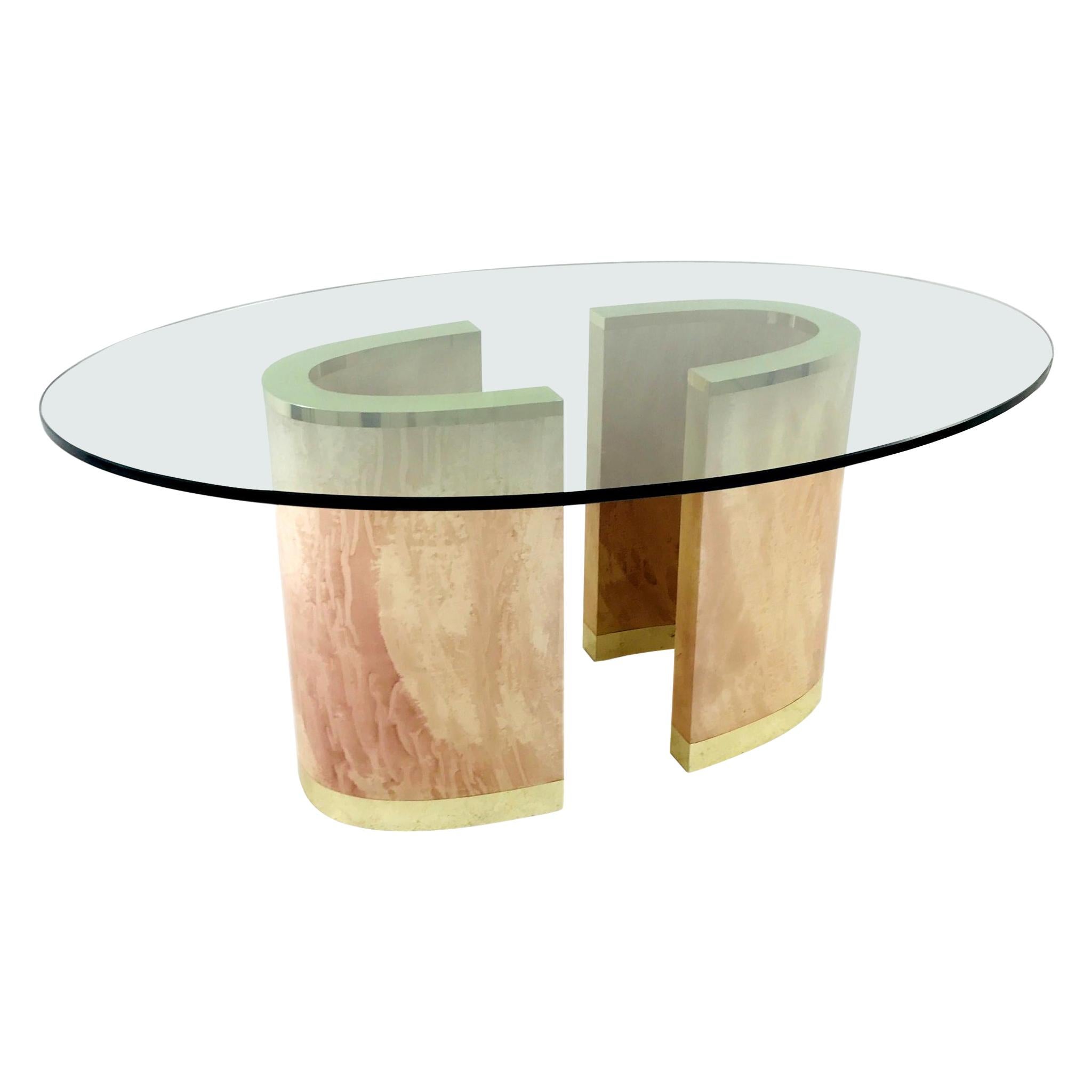 2-Piece Pedestal Dining Table with Brass Plinth and Glass Top