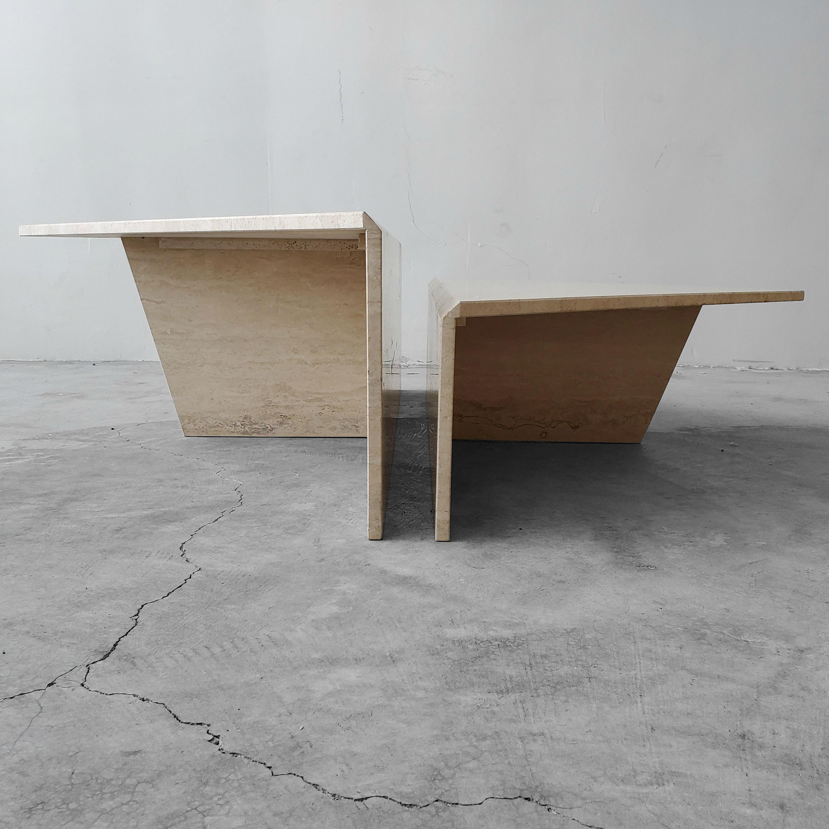 Minimalist 2-Piece Tiered Triangle Postmodern Italian Travertine Coffee Table