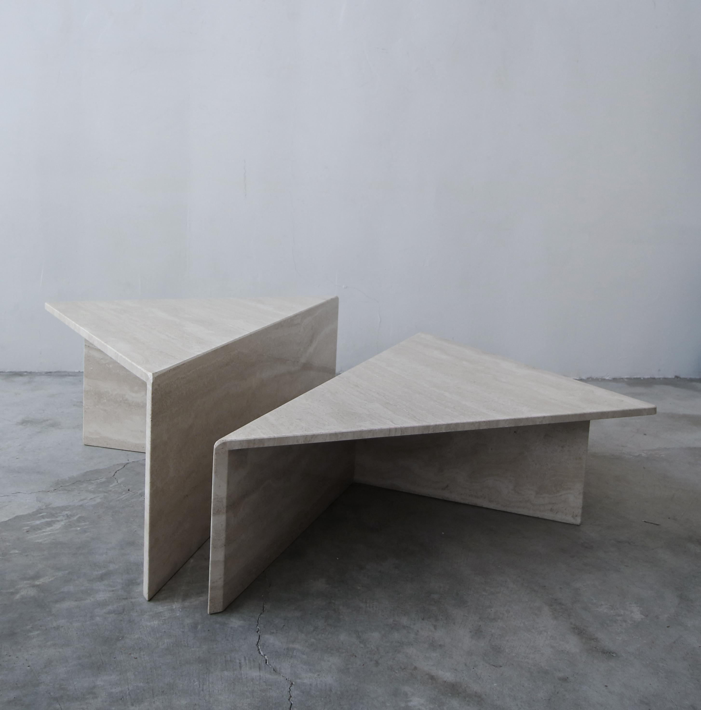 Minimalist 2-Piece Tiered Triangle Postmodern Italian Travertine Coffee Table