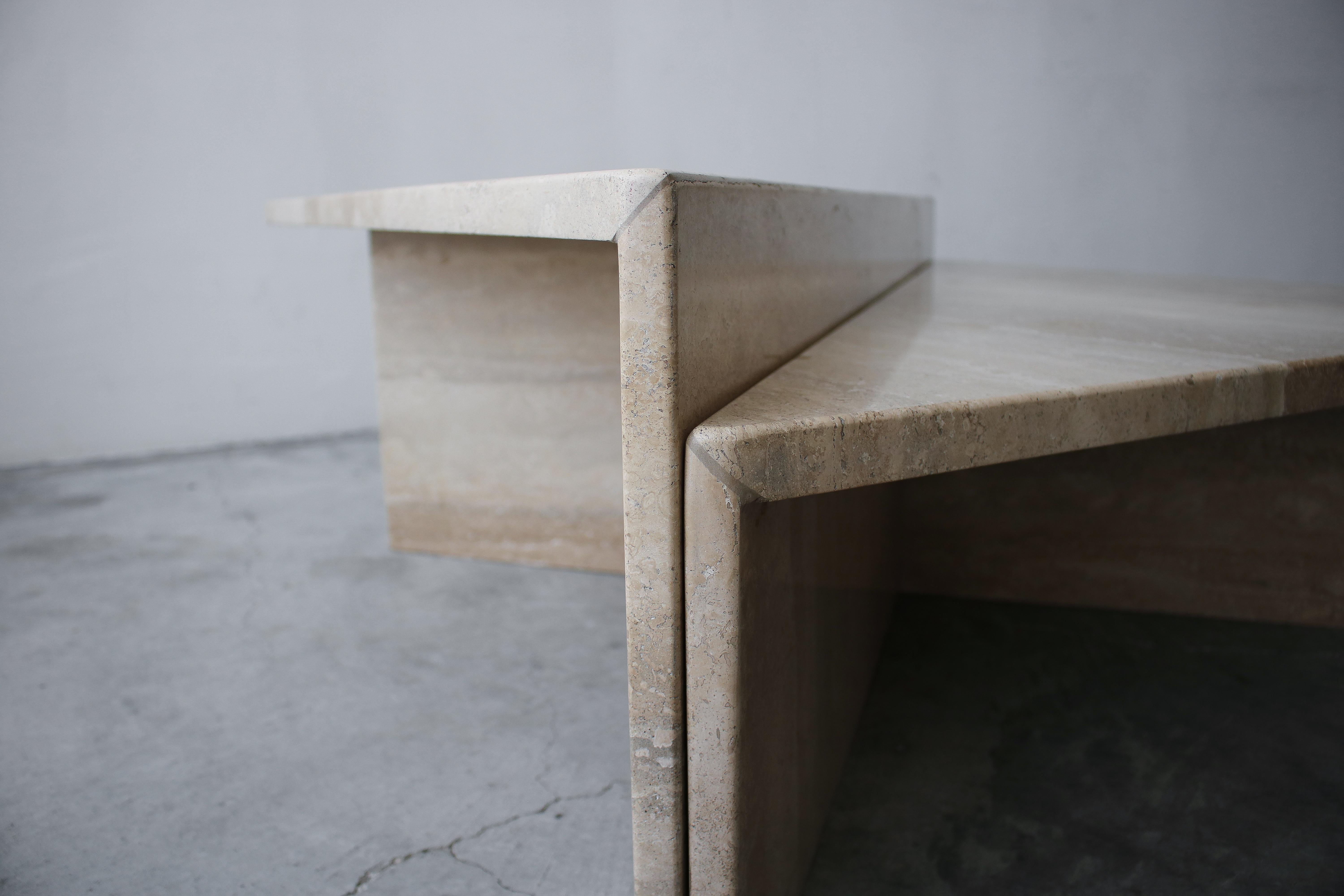 2-Piece Tiered Triangle Postmodern Italian Travertine Coffee Table In Good Condition In Las Vegas, NV