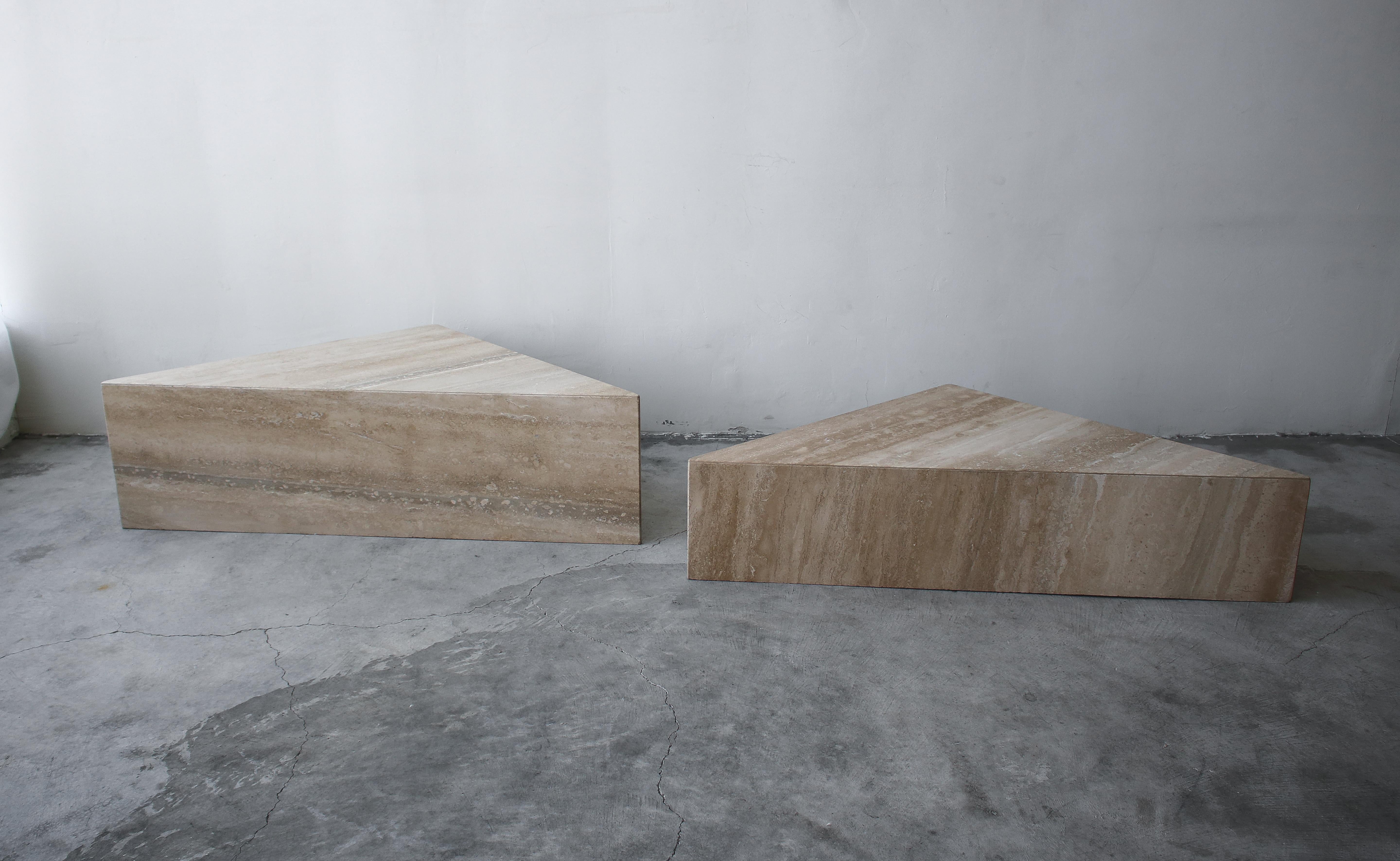 2-Piece Tiered Triangle Postmodern Italian Travertine Coffee Table 2