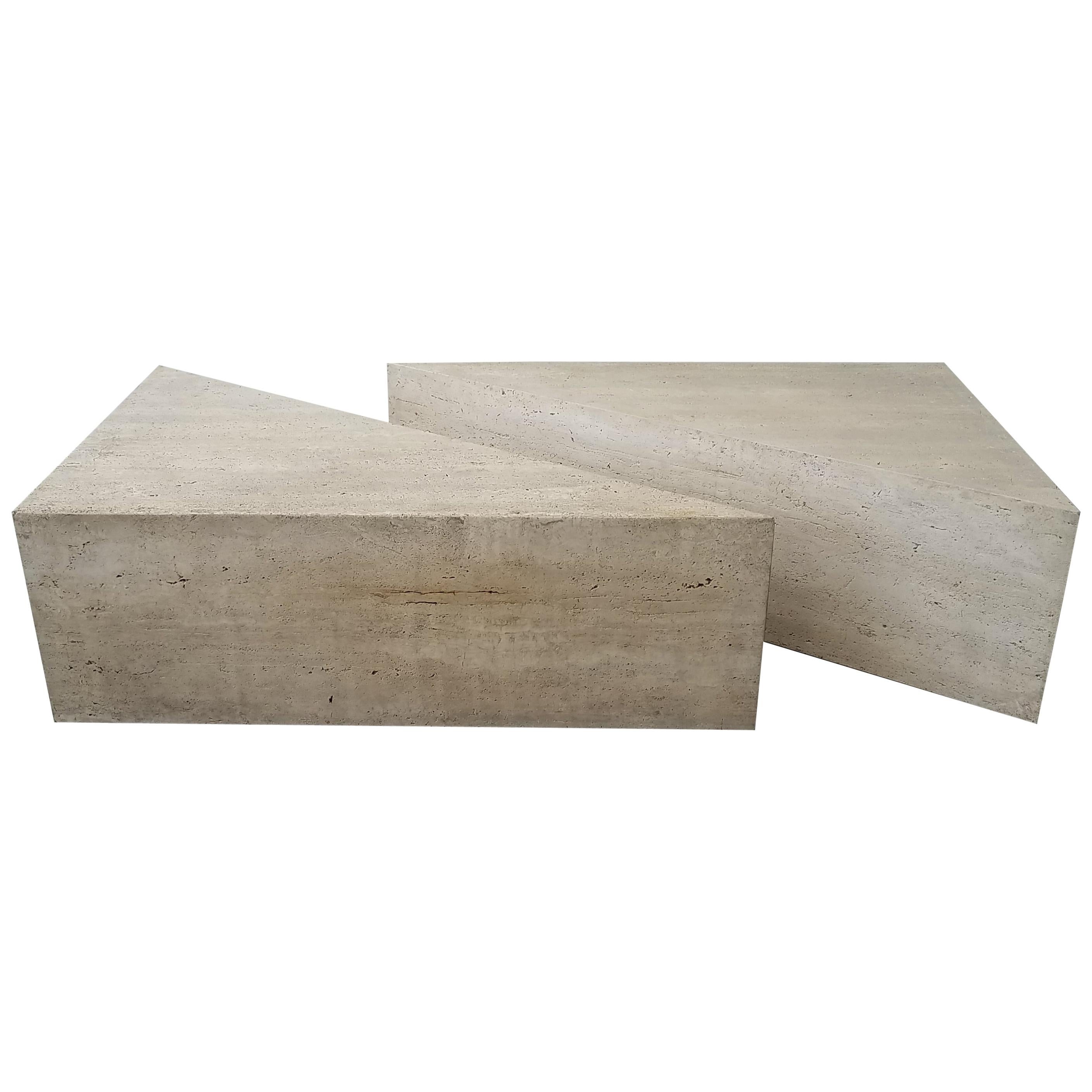 2-Piece Triangular Postmodern Italian Travertine Coffee Table