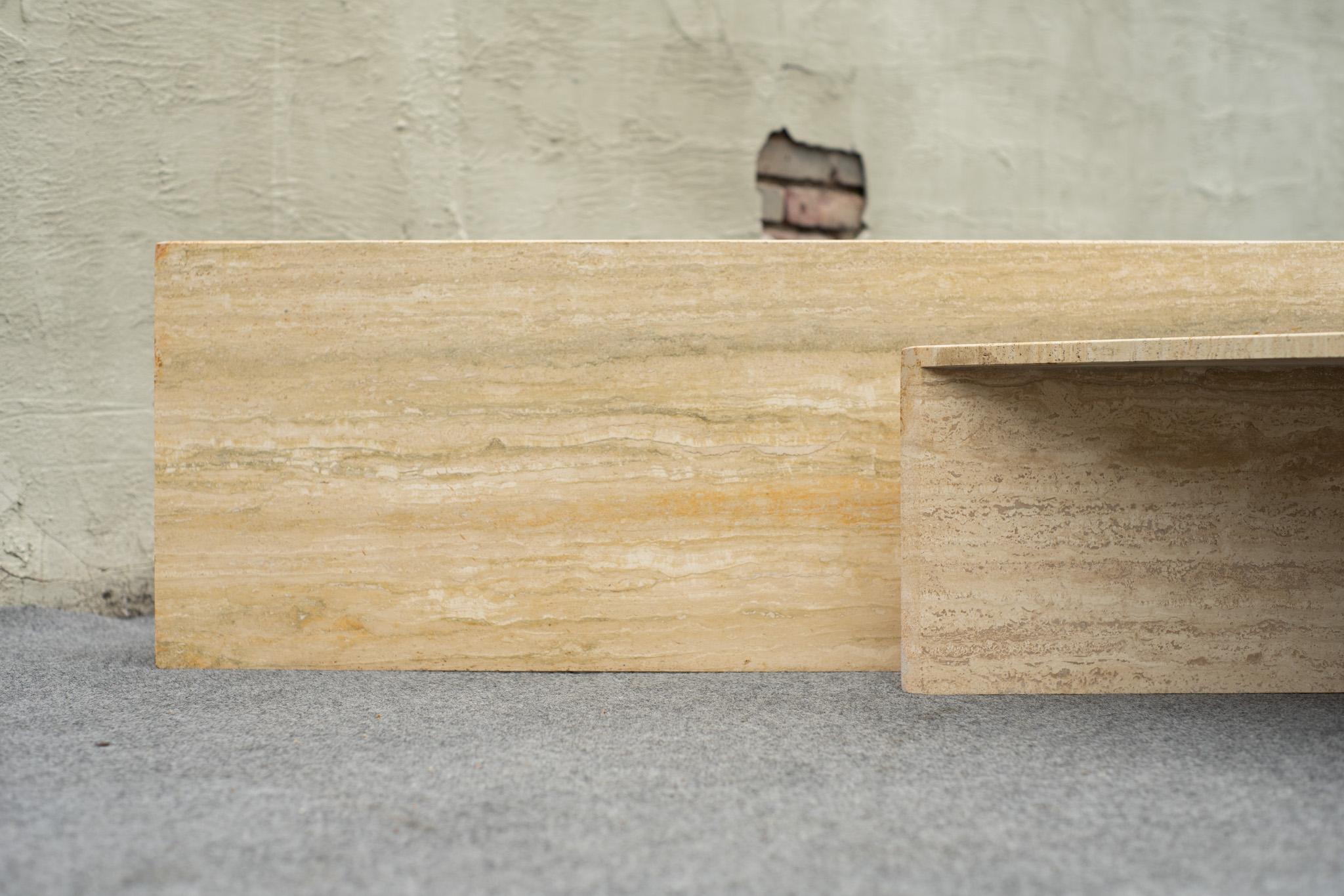 2-Piece Up & Up Triangular Nesting Staggered Coffee Tables in Travertine Stone For Sale 4