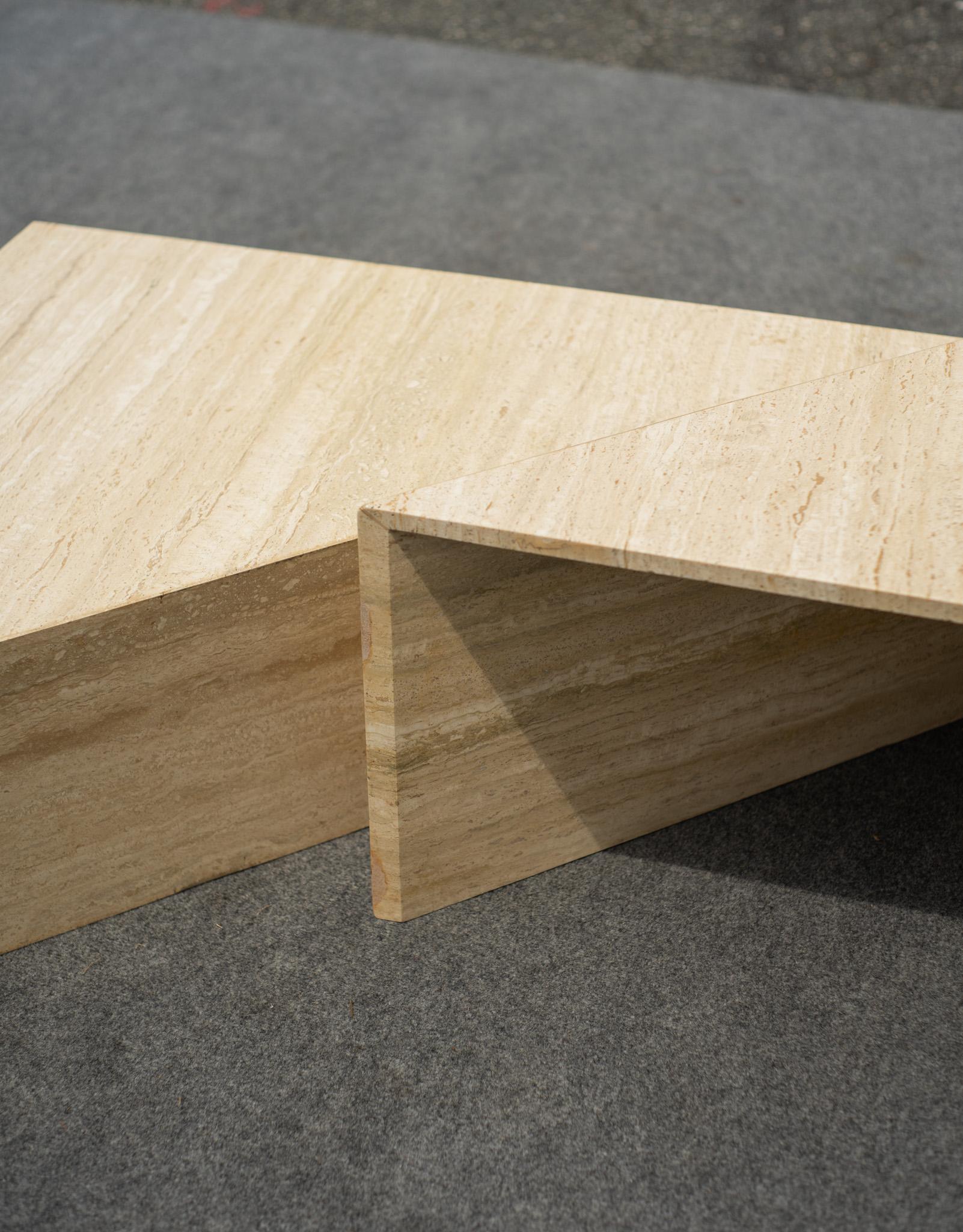 2-Piece Up & Up Triangular Nesting Staggered Coffee Tables in Travertine Stone For Sale 6