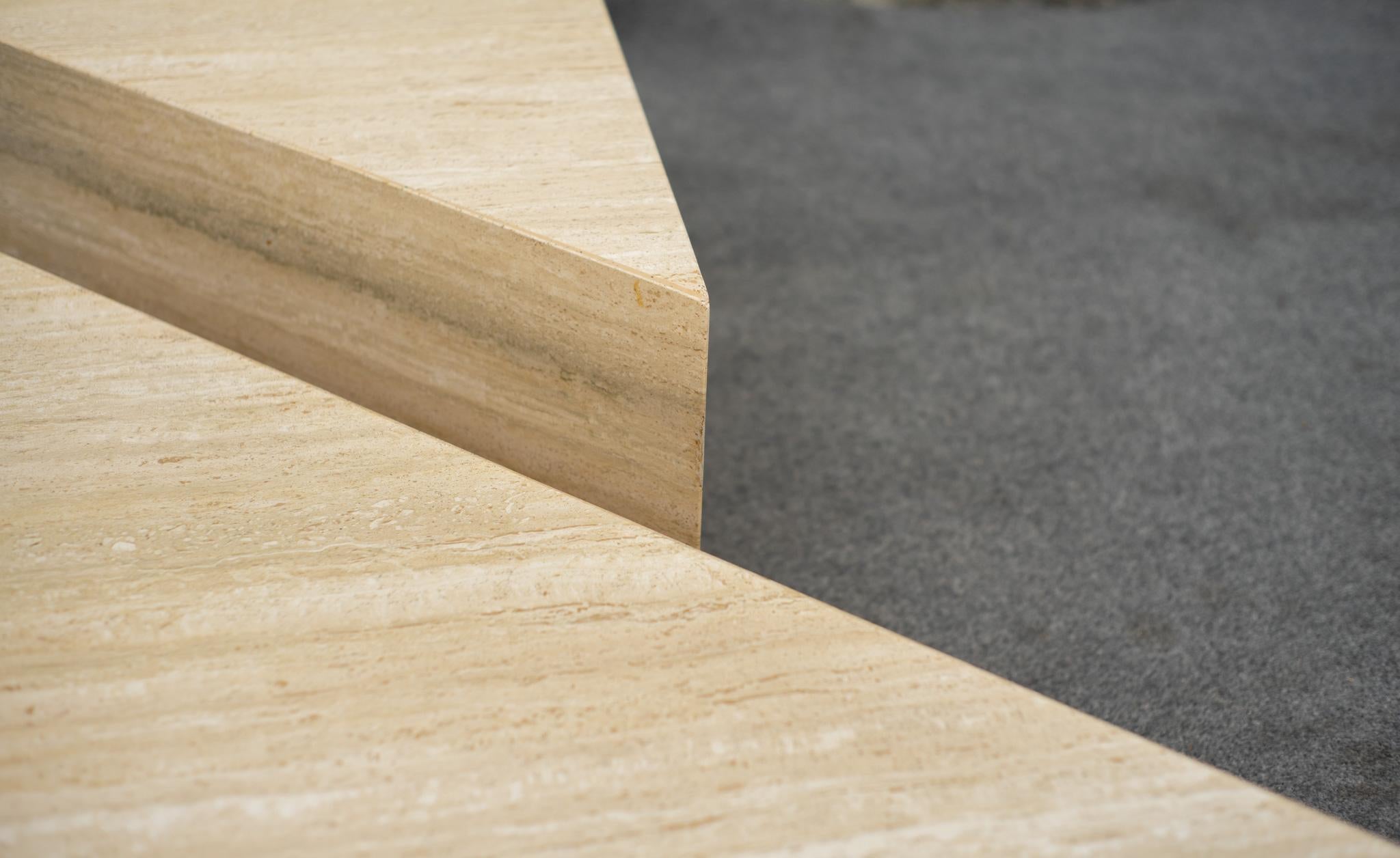 2-Piece Up & Up Triangular Nesting Staggered Coffee Tables in Travertine Stone For Sale 8