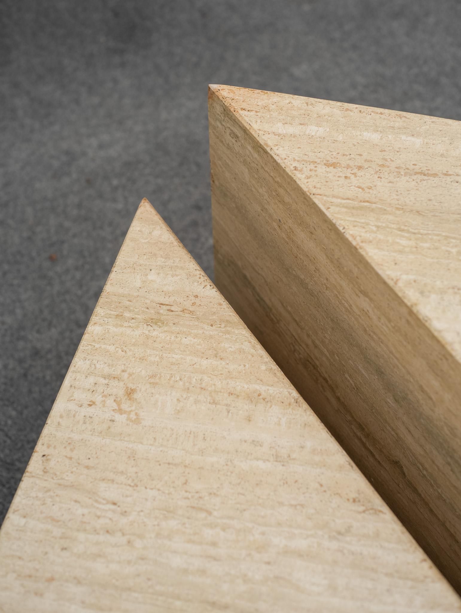 2-Piece Up & Up Triangular Nesting Staggered Coffee Tables in Travertine Stone For Sale 9