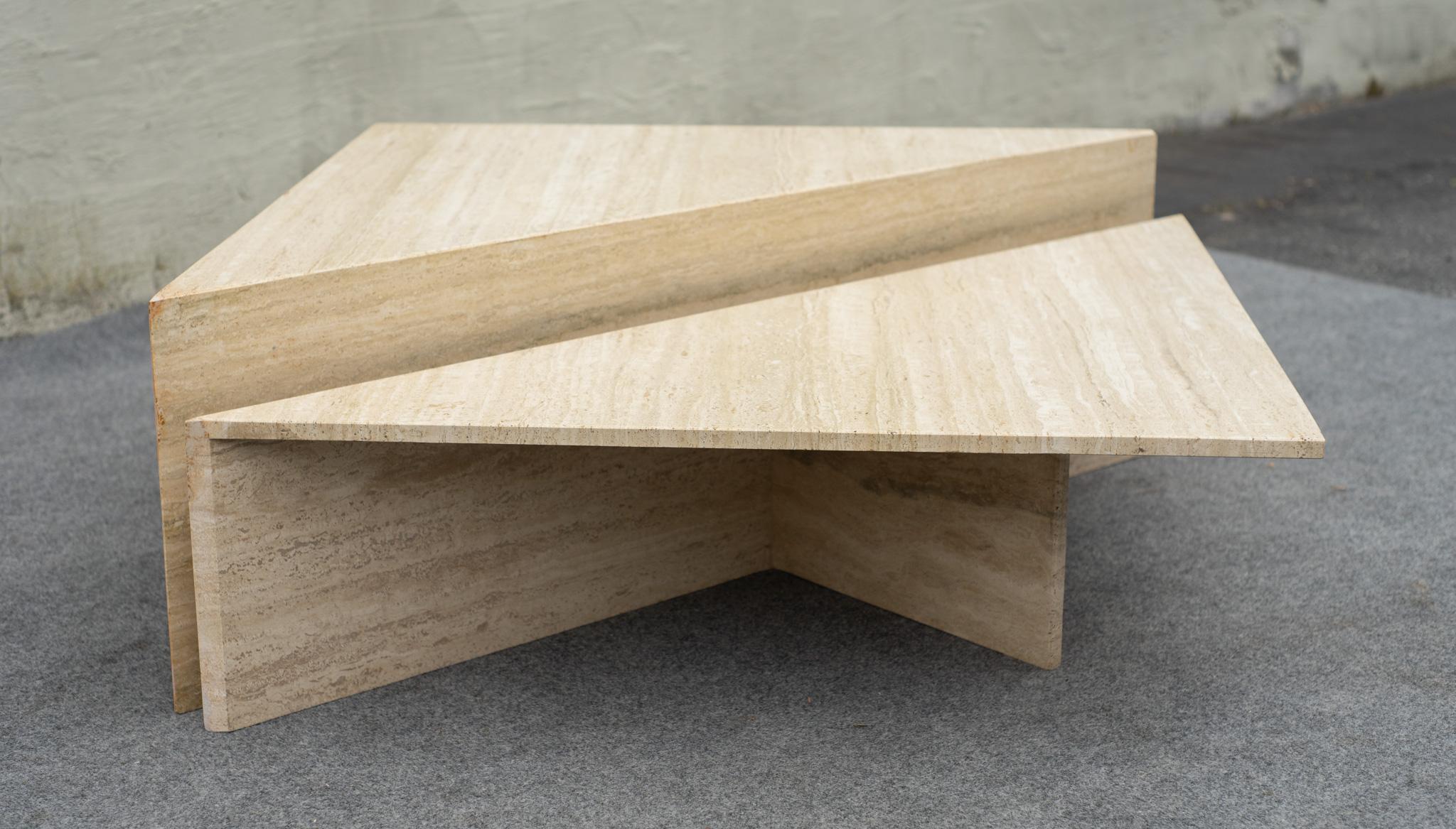 Post-Modern 2-Piece Up & Up Triangular Nesting Staggered Coffee Tables in Travertine Stone For Sale