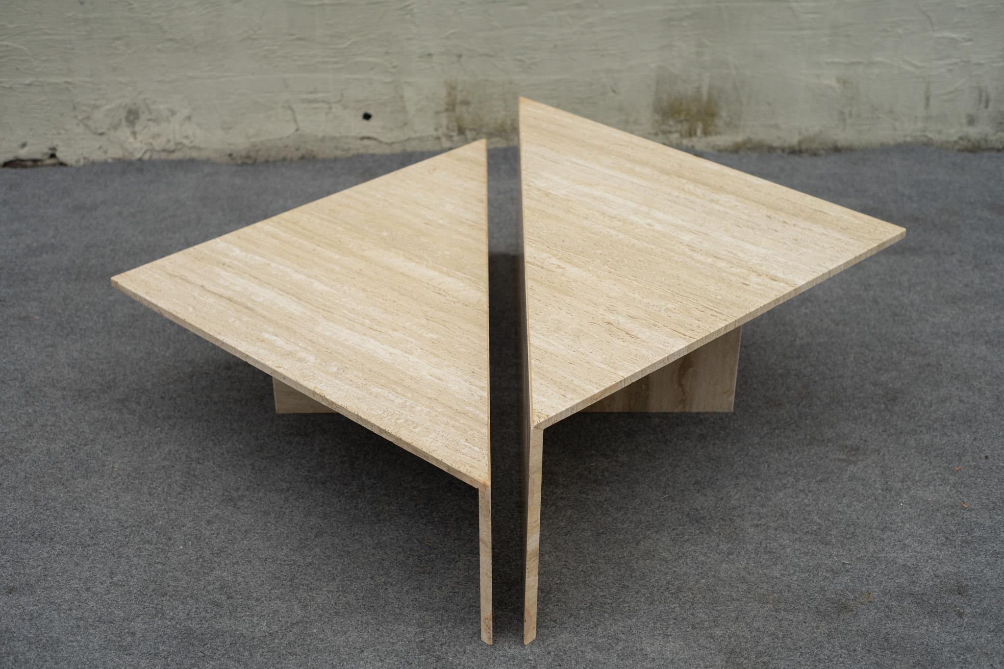 Italian 2-Piece Up & Up Triangular Nesting Staggered Coffee Tables in Travertine Stone For Sale